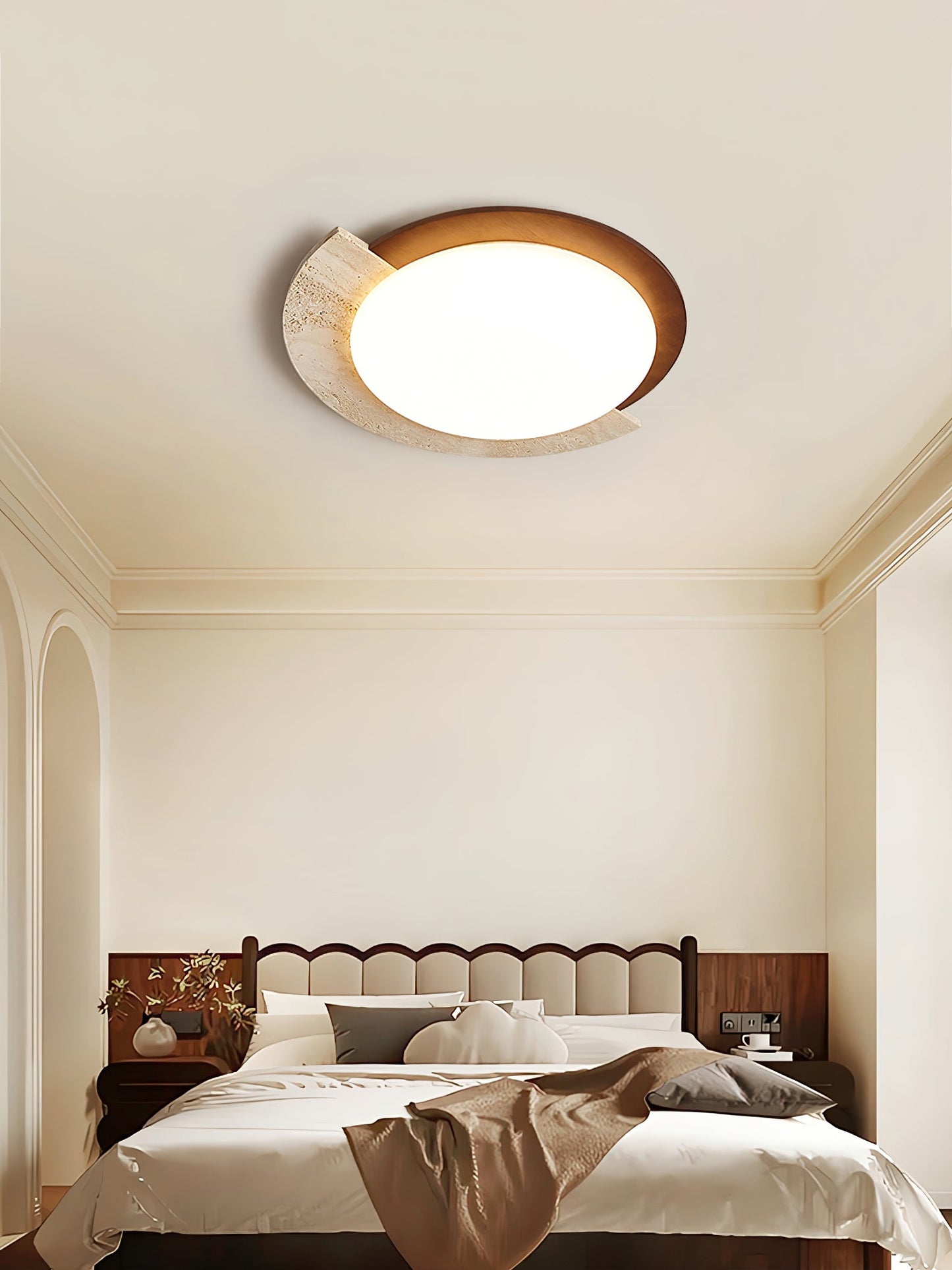 Eclipse Halo Ceiling Lamp | Travertine & Metal | Dark Walnut or Yellow Travertine