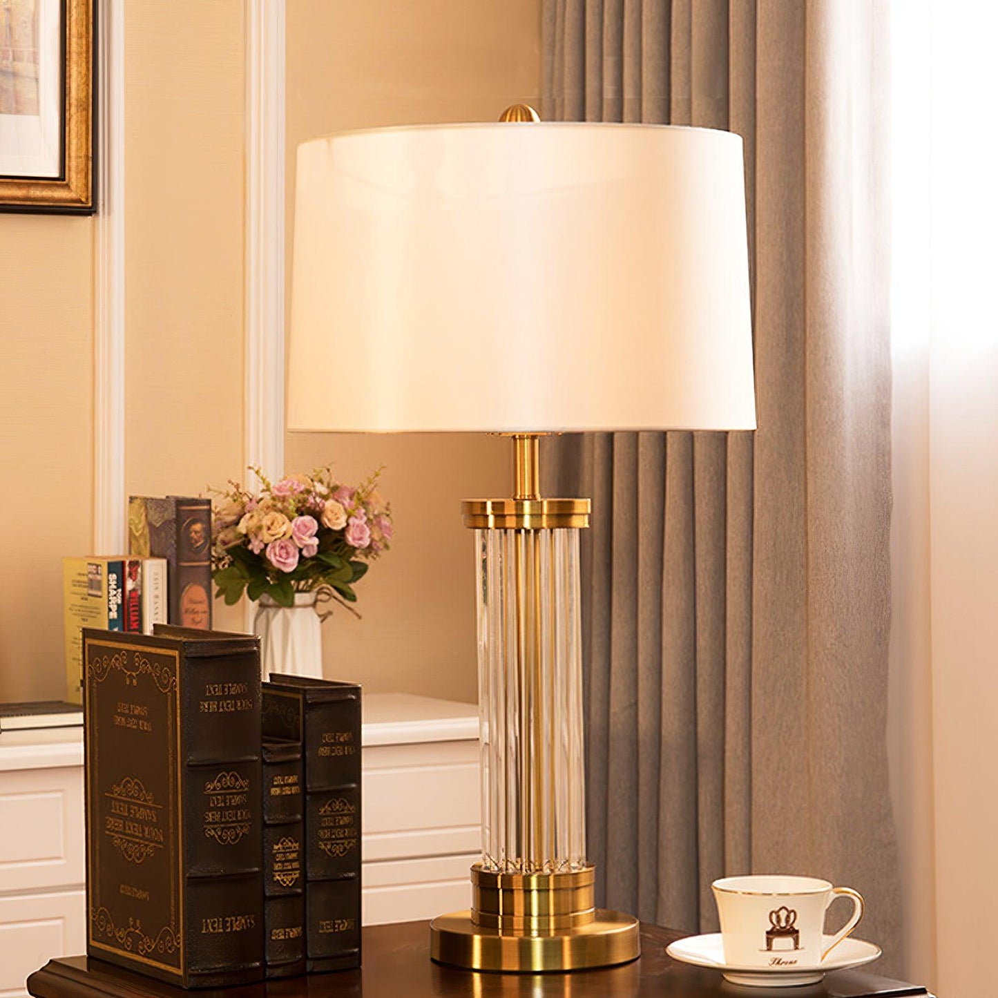 Edda Table Lamp | Metal Base & Linen Shade | Gold & White