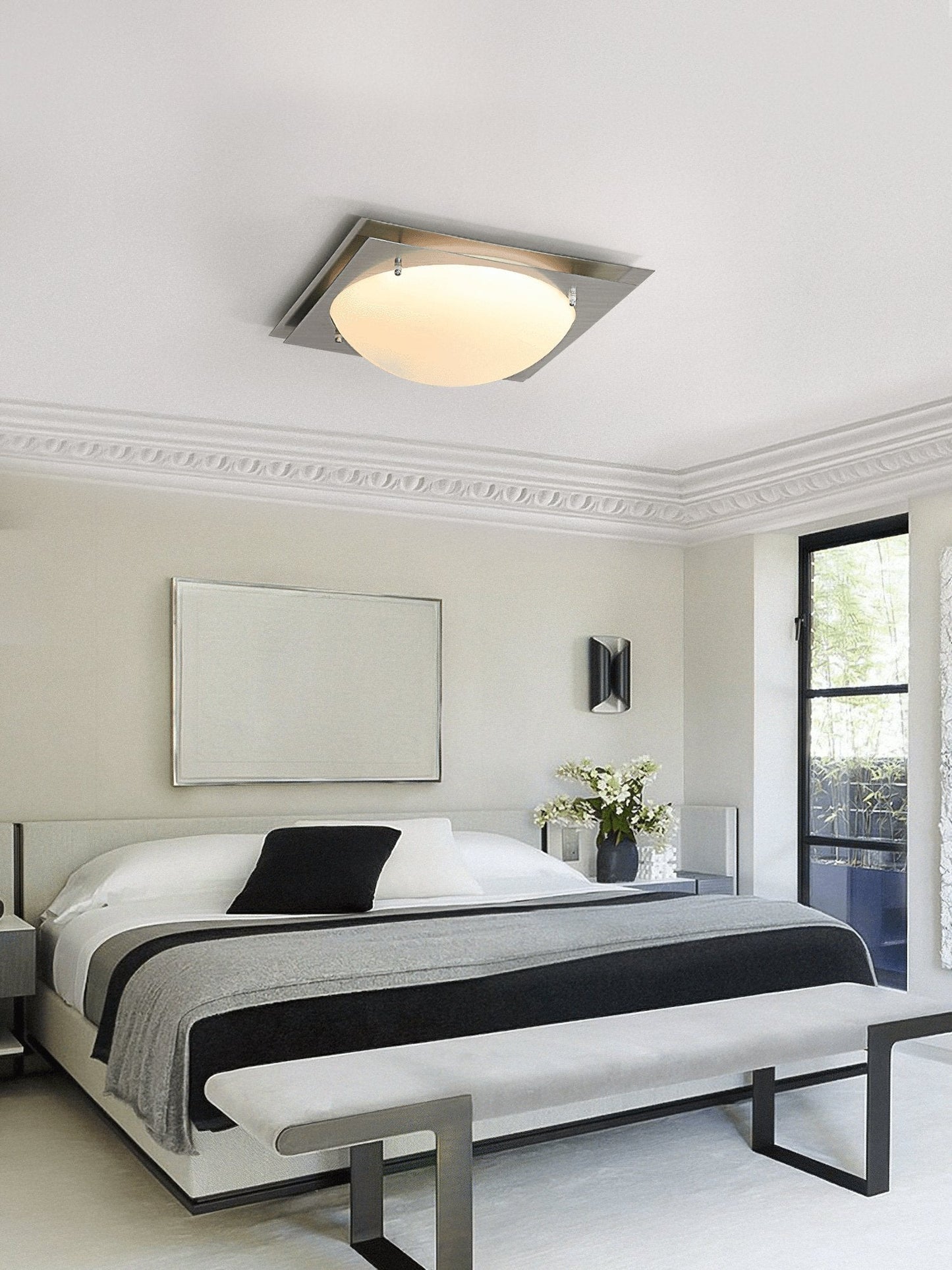 Edged Glass Ceiling Lamp | Stainless Steel | White Shade