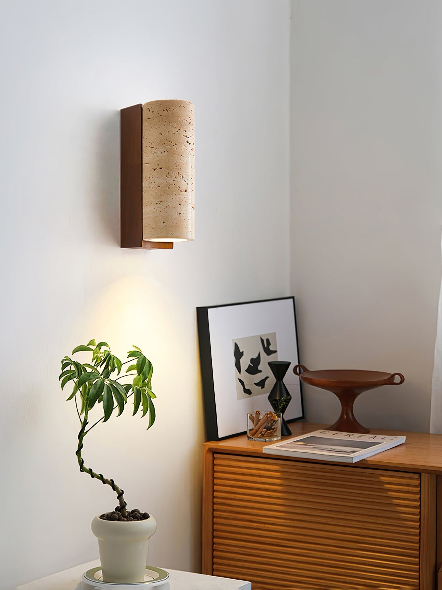 Elevate Wall Lamp | Travertine & Wood | Yellow Travertine