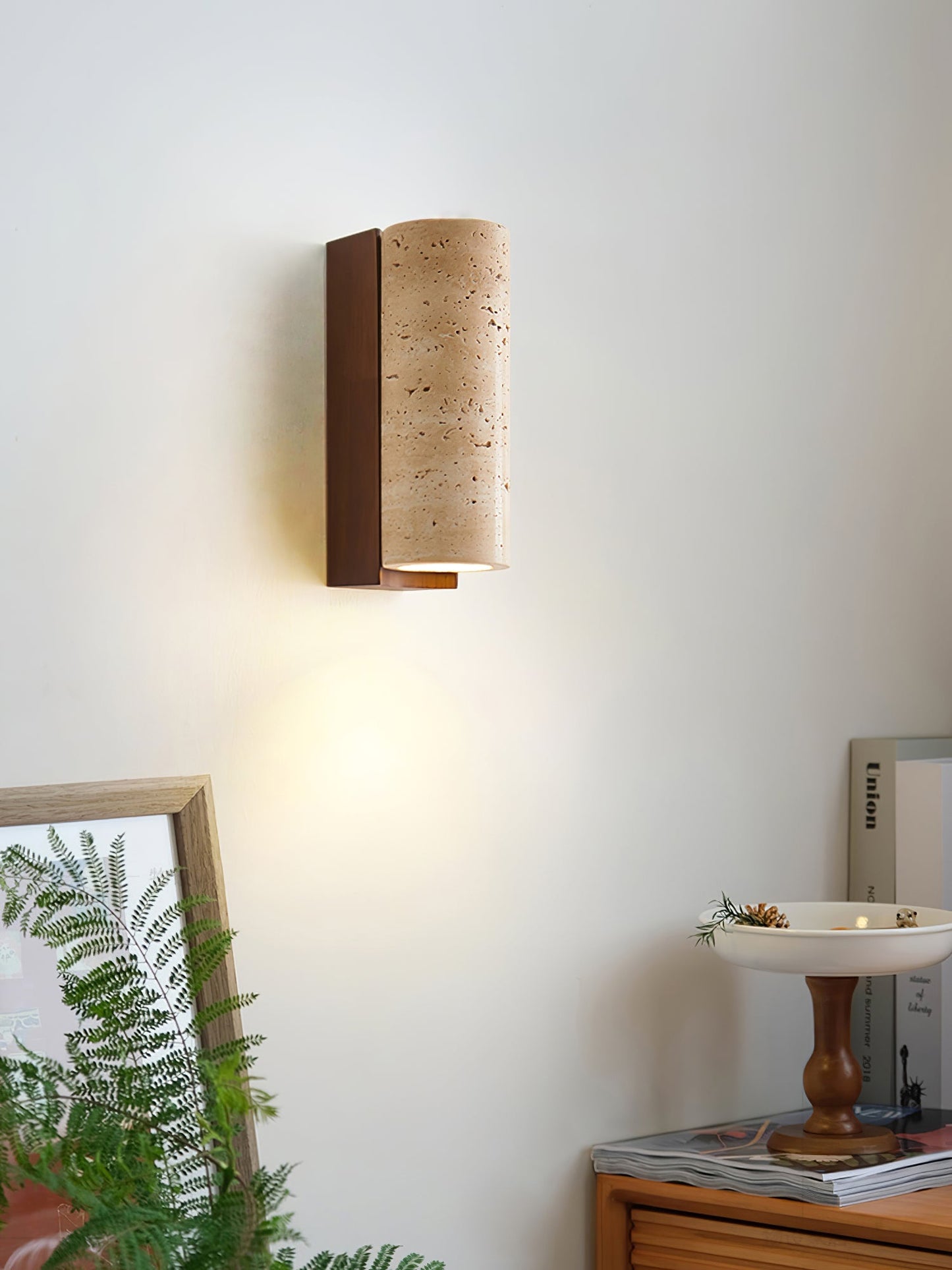 Elevate Wall Lamp | Travertine & Wood | Yellow Travertine