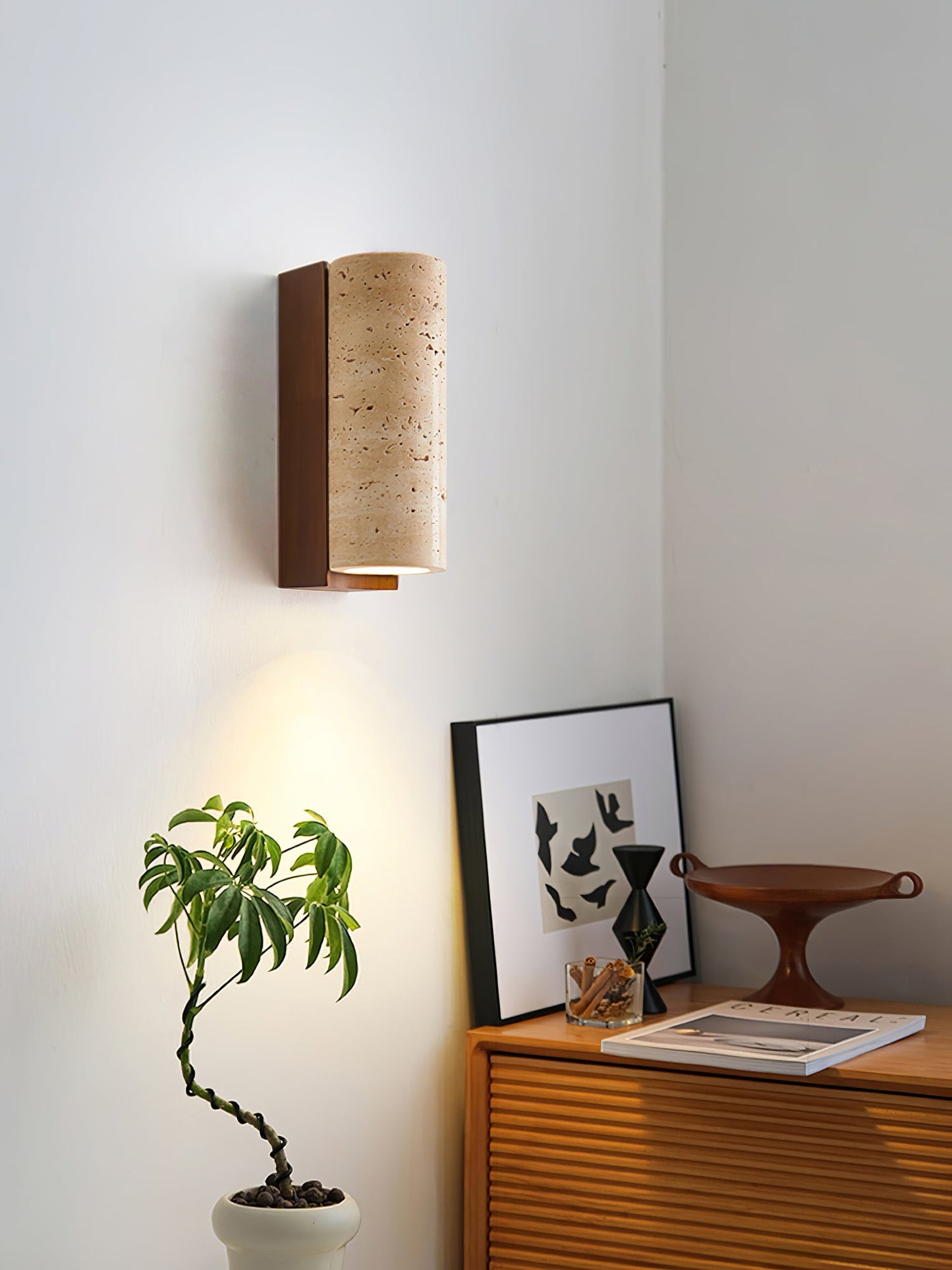 Elevate Wall Lamp | Travertine & Wood | Yellow Travertine