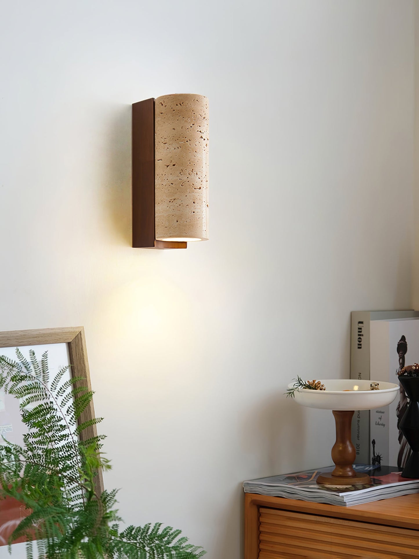 Elevate Wall Lamp | Travertine & Wood | Yellow Travertine