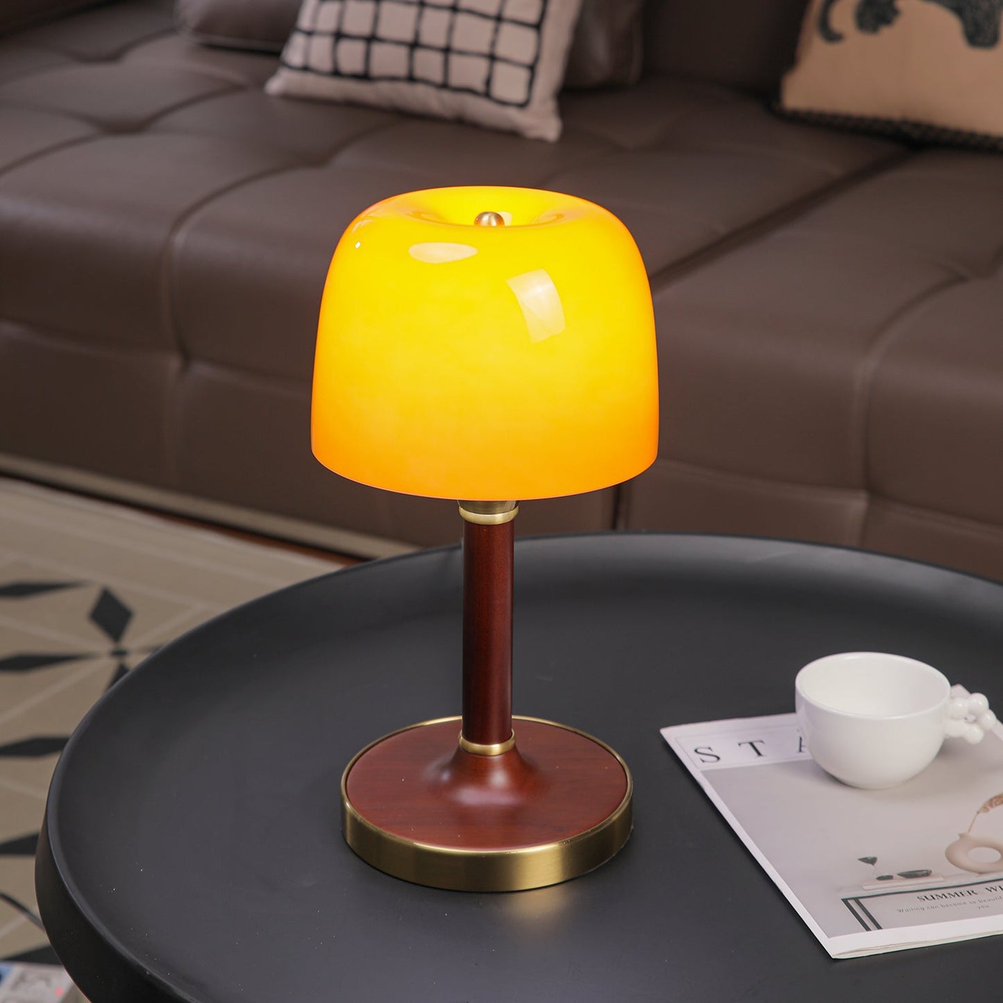Elio Table Lamp | Amber Glass & Wood | Walnut Color
