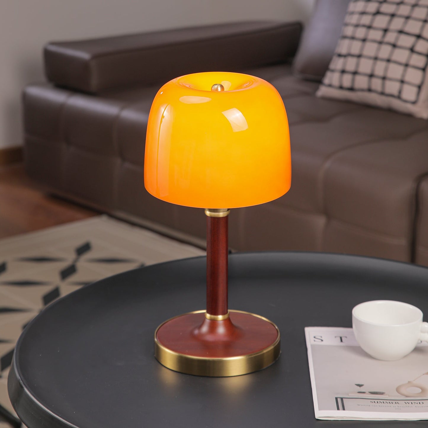 Elio Table Lamp | Amber Glass & Wood | Walnut Color