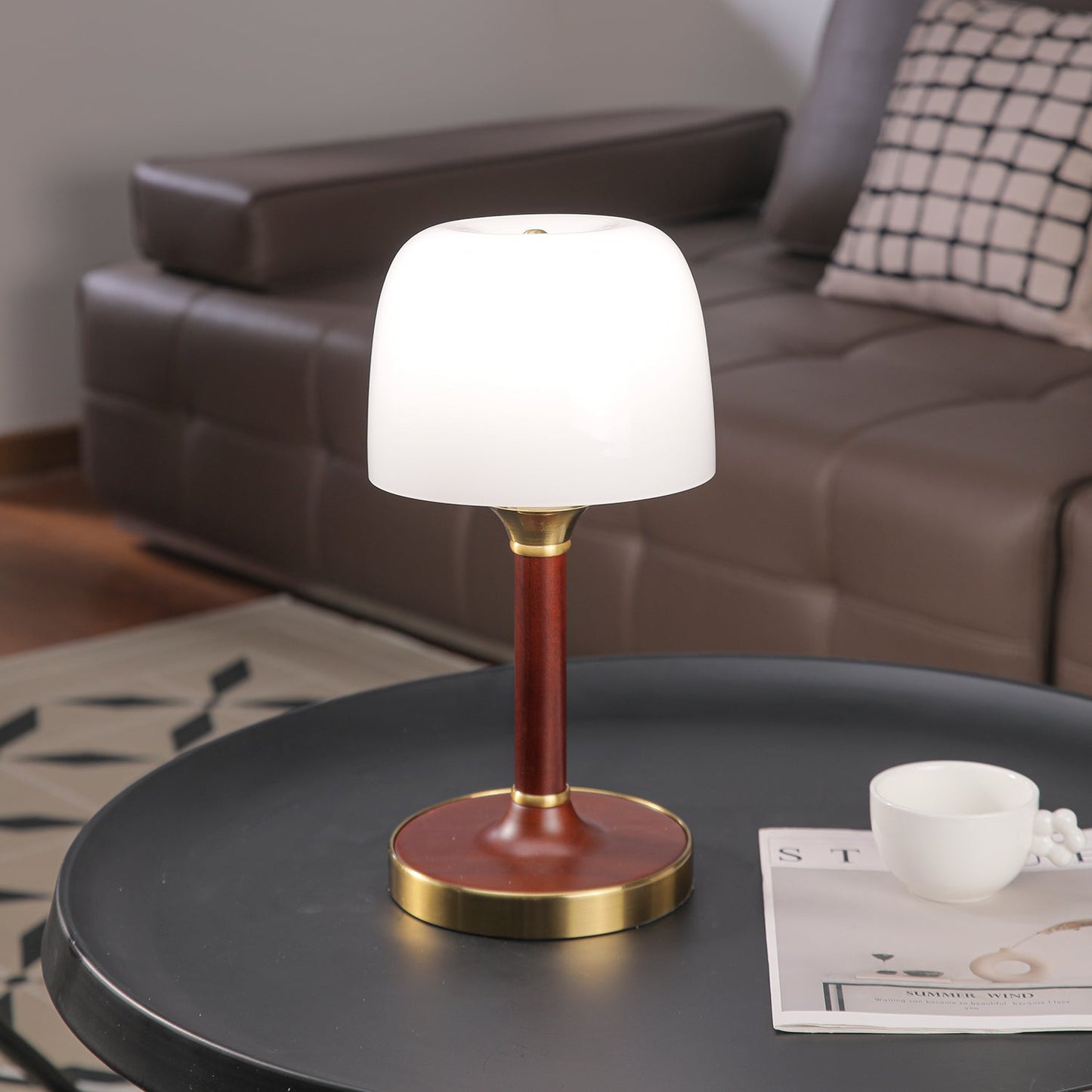 Elio Table Lamp | Amber Glass & Wood | Walnut Color