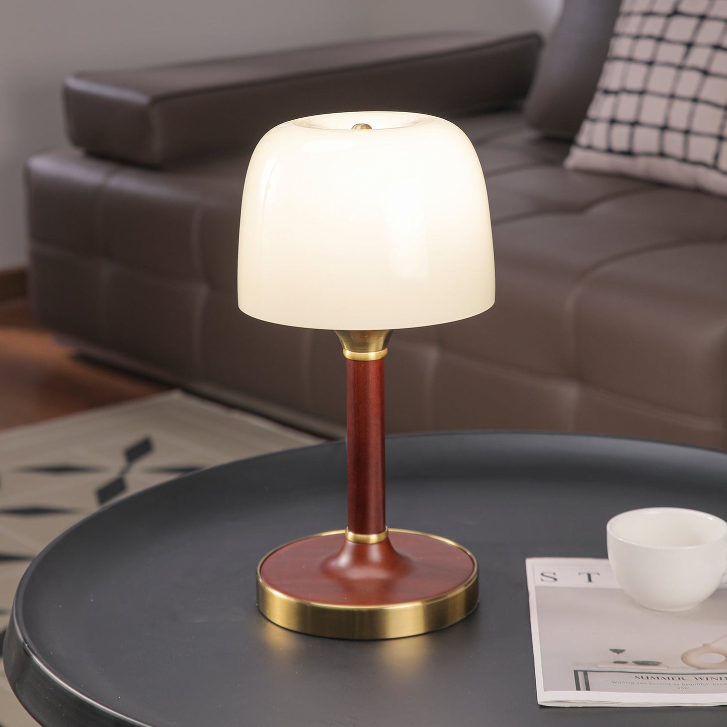 Elio Table Lamp | Amber Glass & Wood | Walnut Color