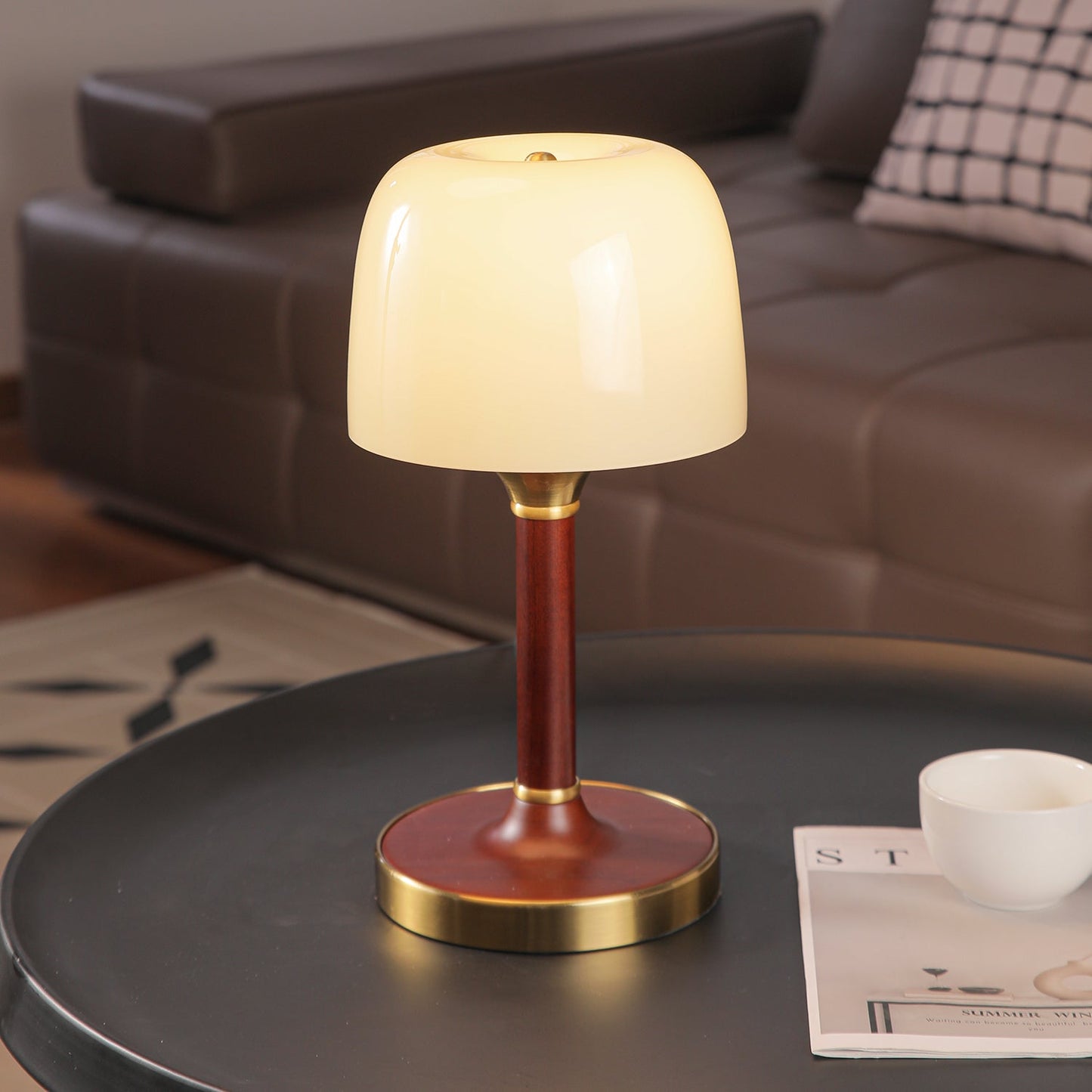 Elio Table Lamp | Amber Glass & Wood | Walnut Color