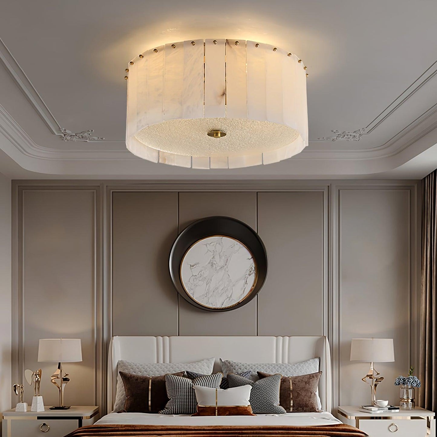 Elysian Alabaster Ceiling Lamp | Brass & Alabaster | White Shade