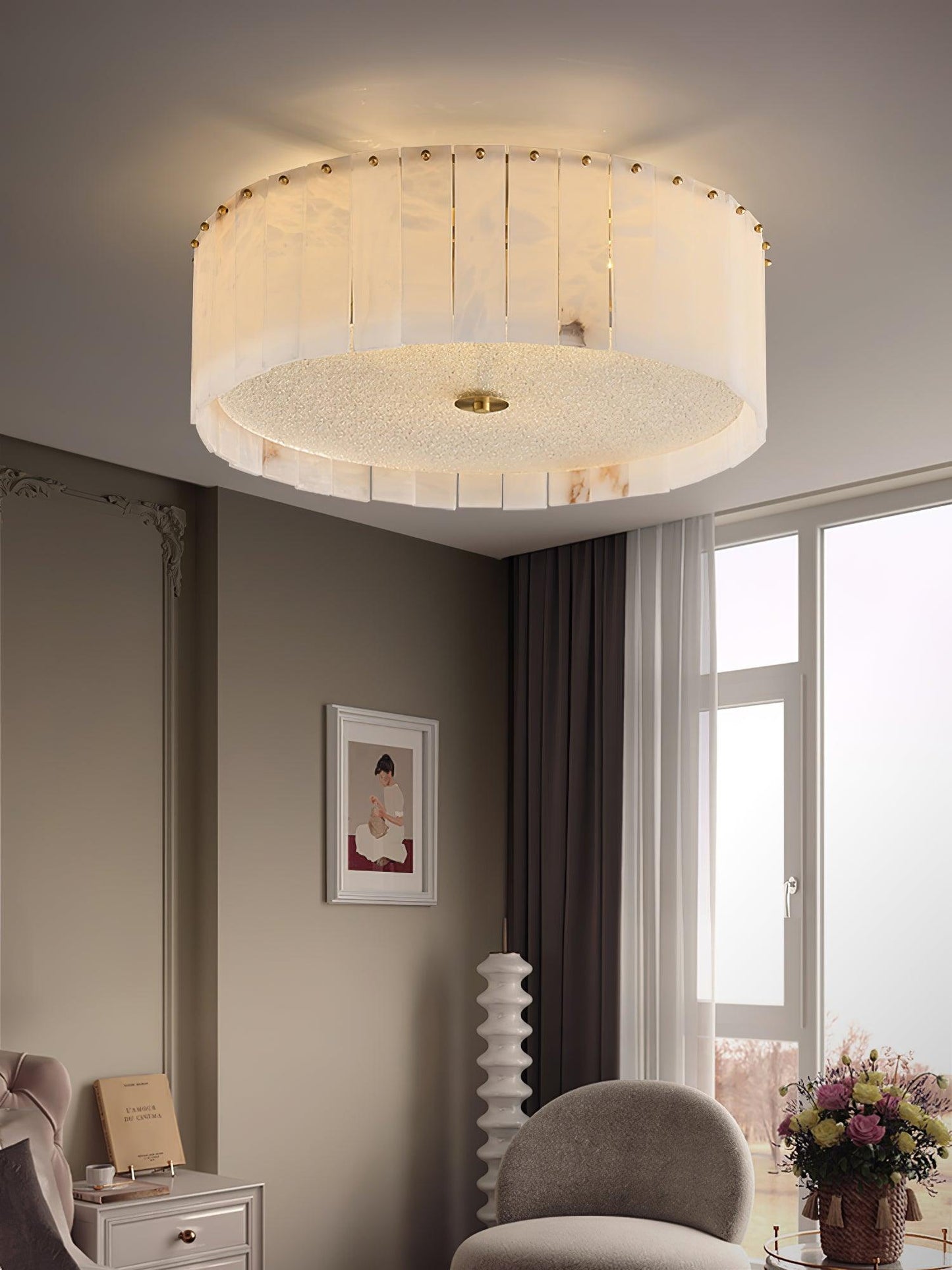 Elysian Alabaster Ceiling Lamp | Brass & Alabaster | White Shade
