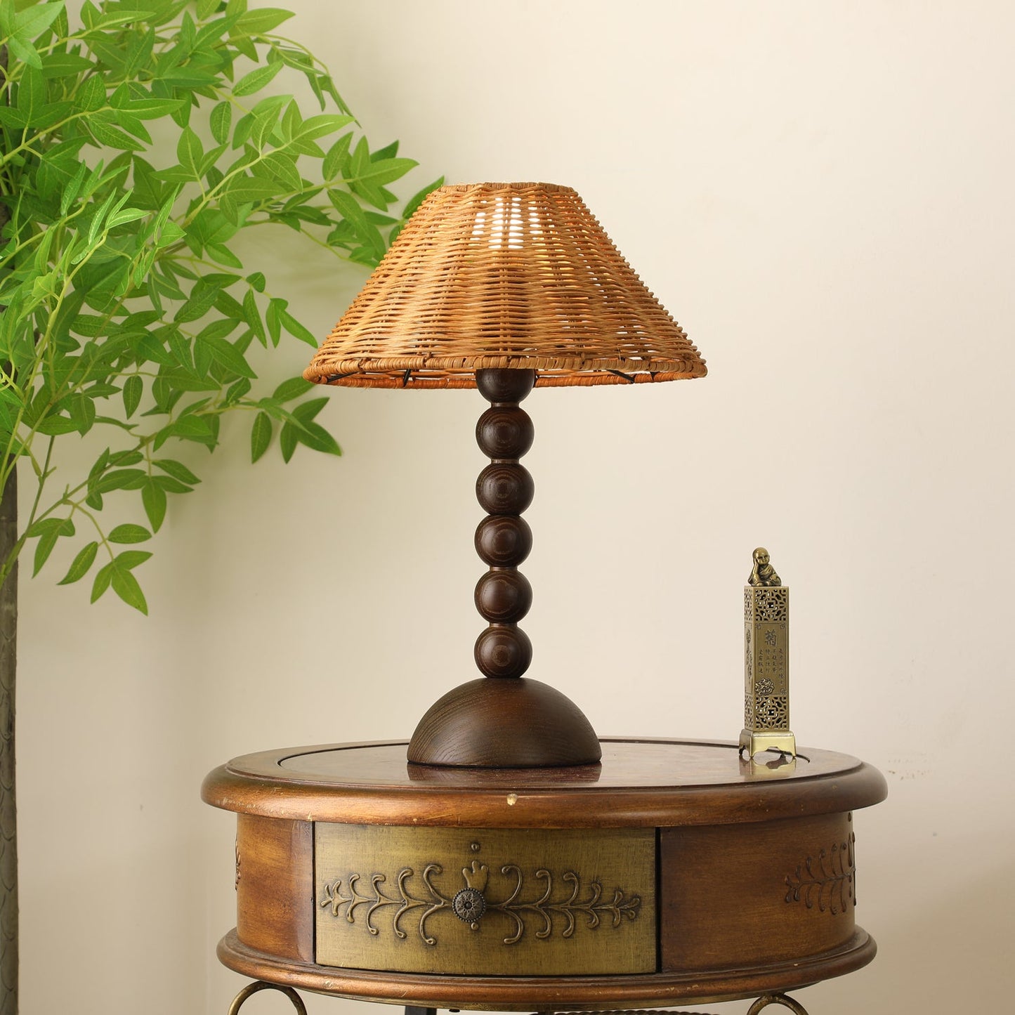 Emily Charm Table Lamp | Brown Wood Base | Woven Shade