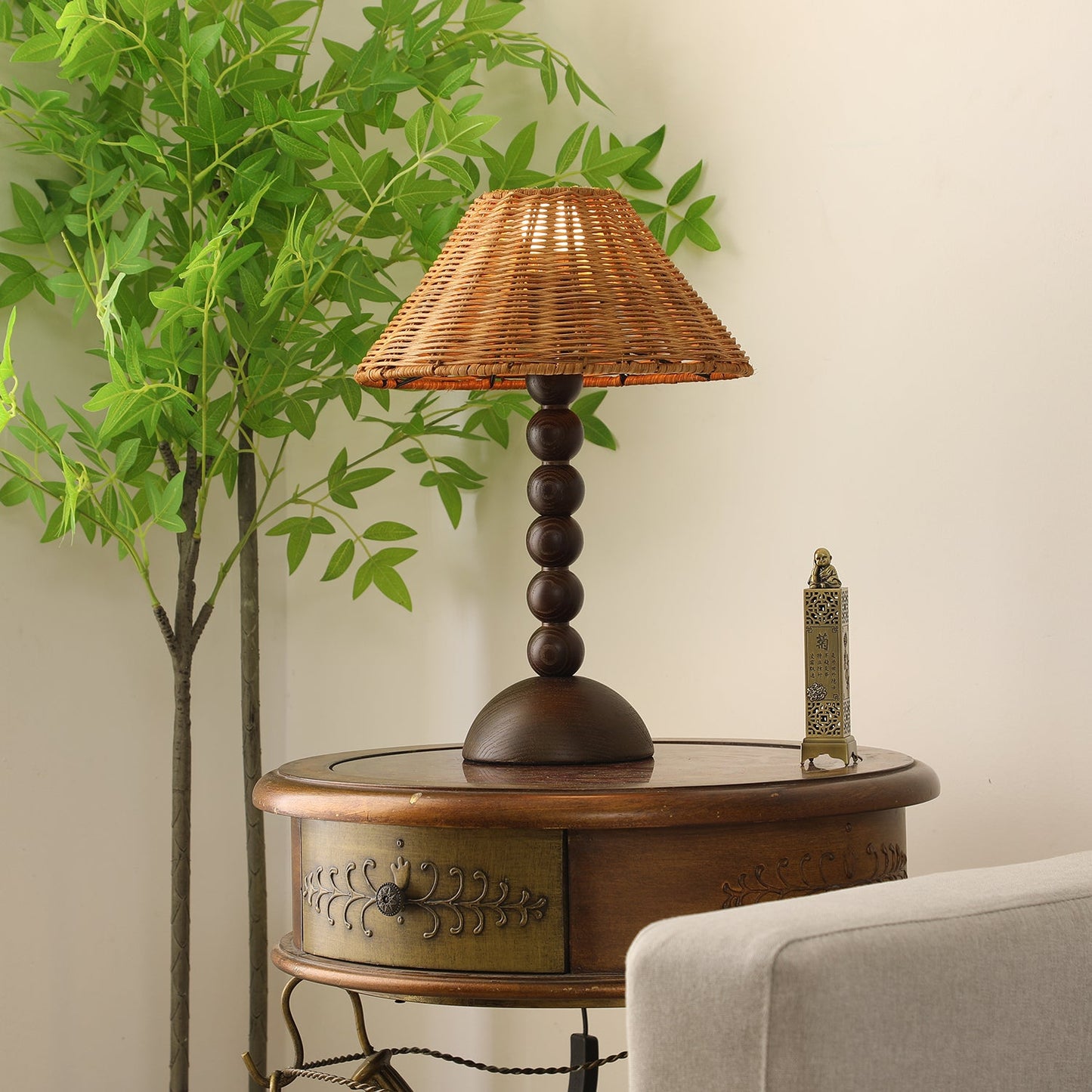 Emily Charm Table Lamp | Brown Wood Base | Woven Shade