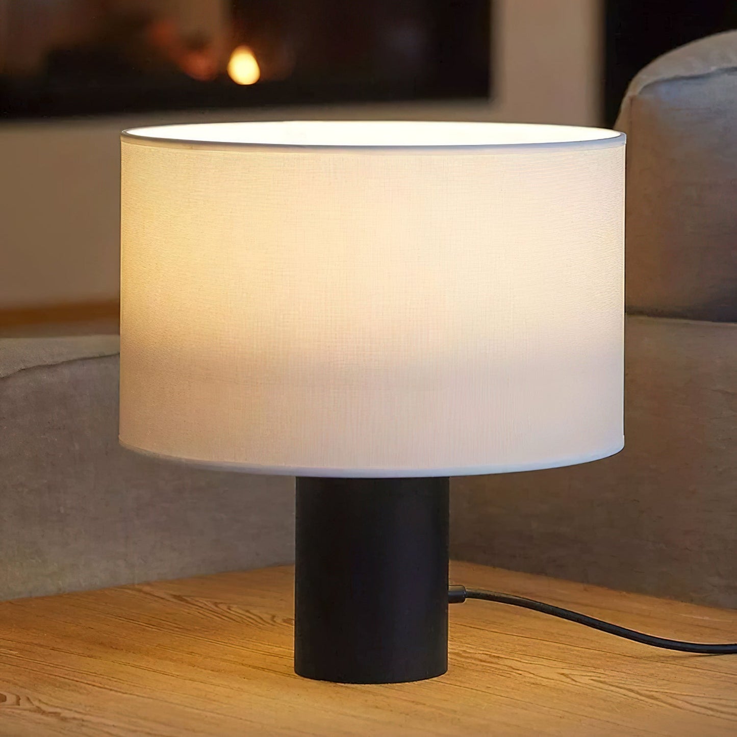 Table Lamp | Black Metal & White Fabric Shade | 32cm Diameter