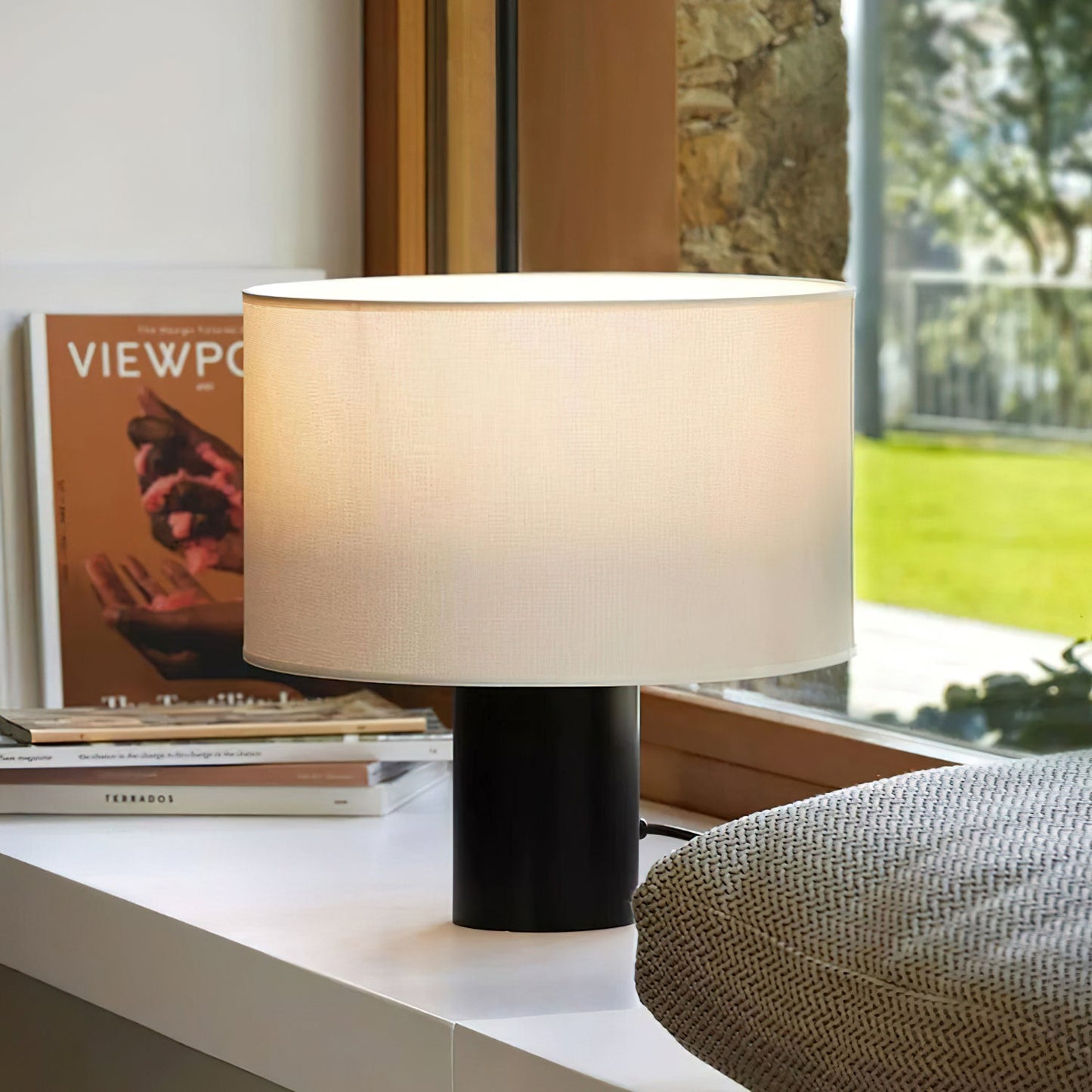 Table Lamp | Black Metal & White Fabric Shade | 32cm Diameter