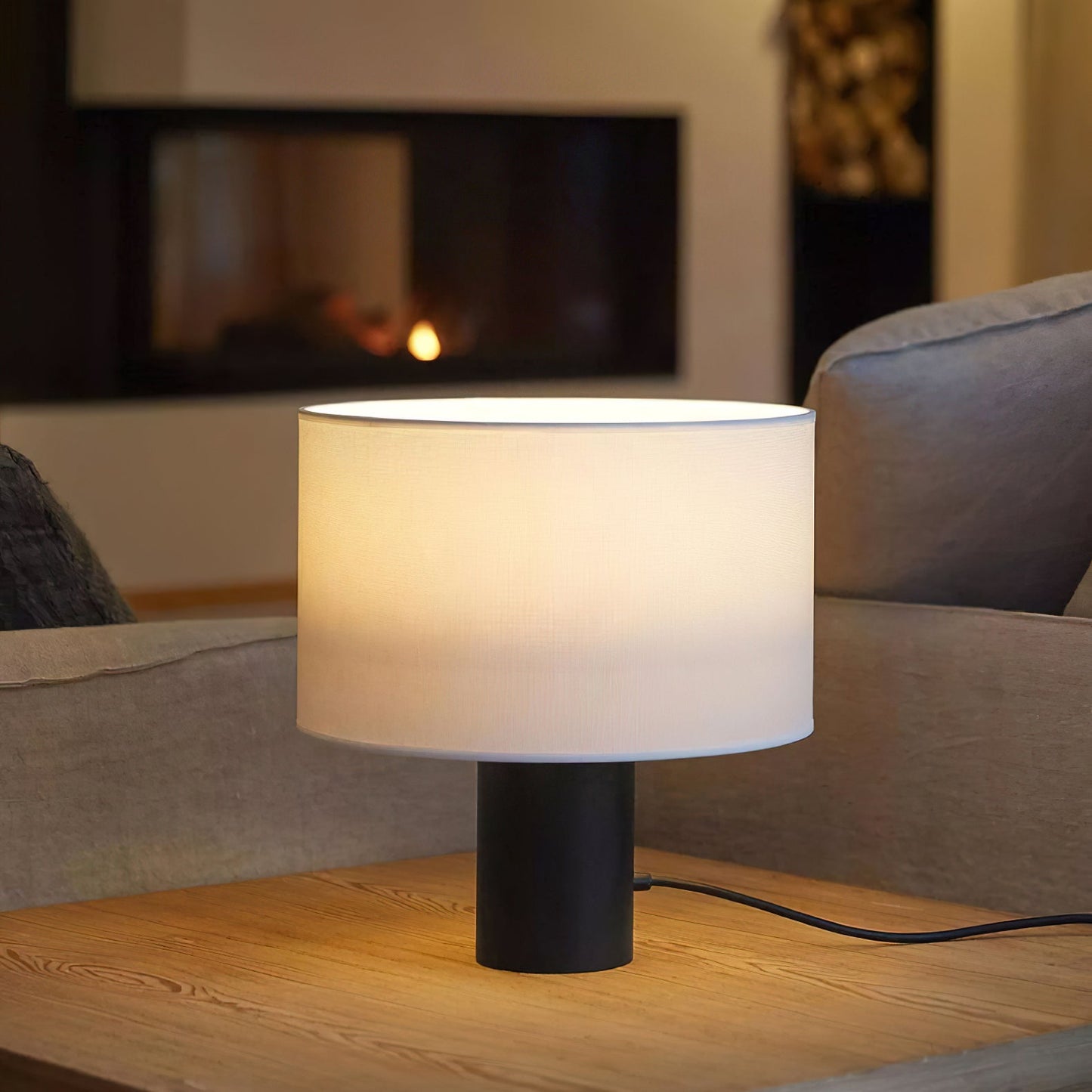 Table Lamp | Black Metal & White Fabric Shade | 32cm Diameter