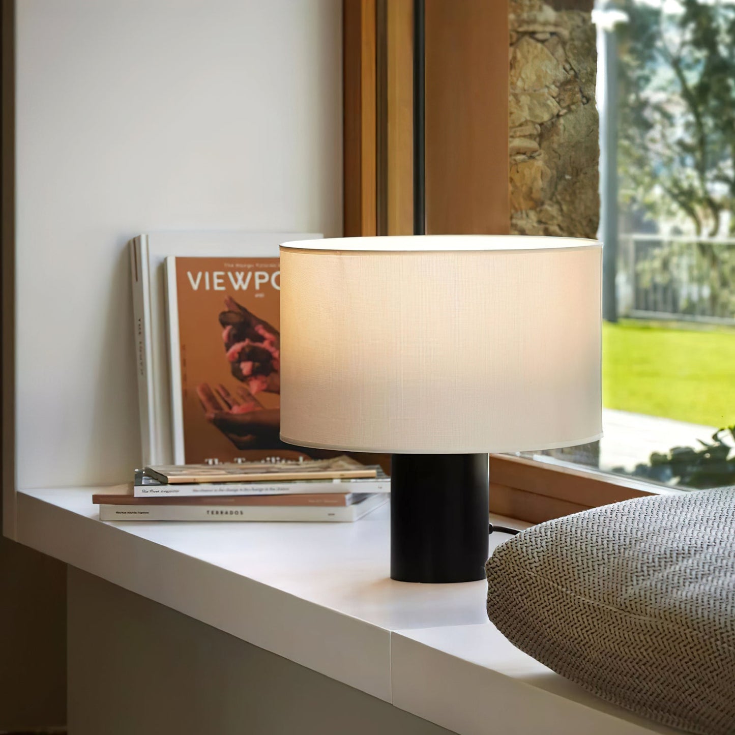 Table Lamp | Black Metal & White Fabric Shade | 32cm Diameter