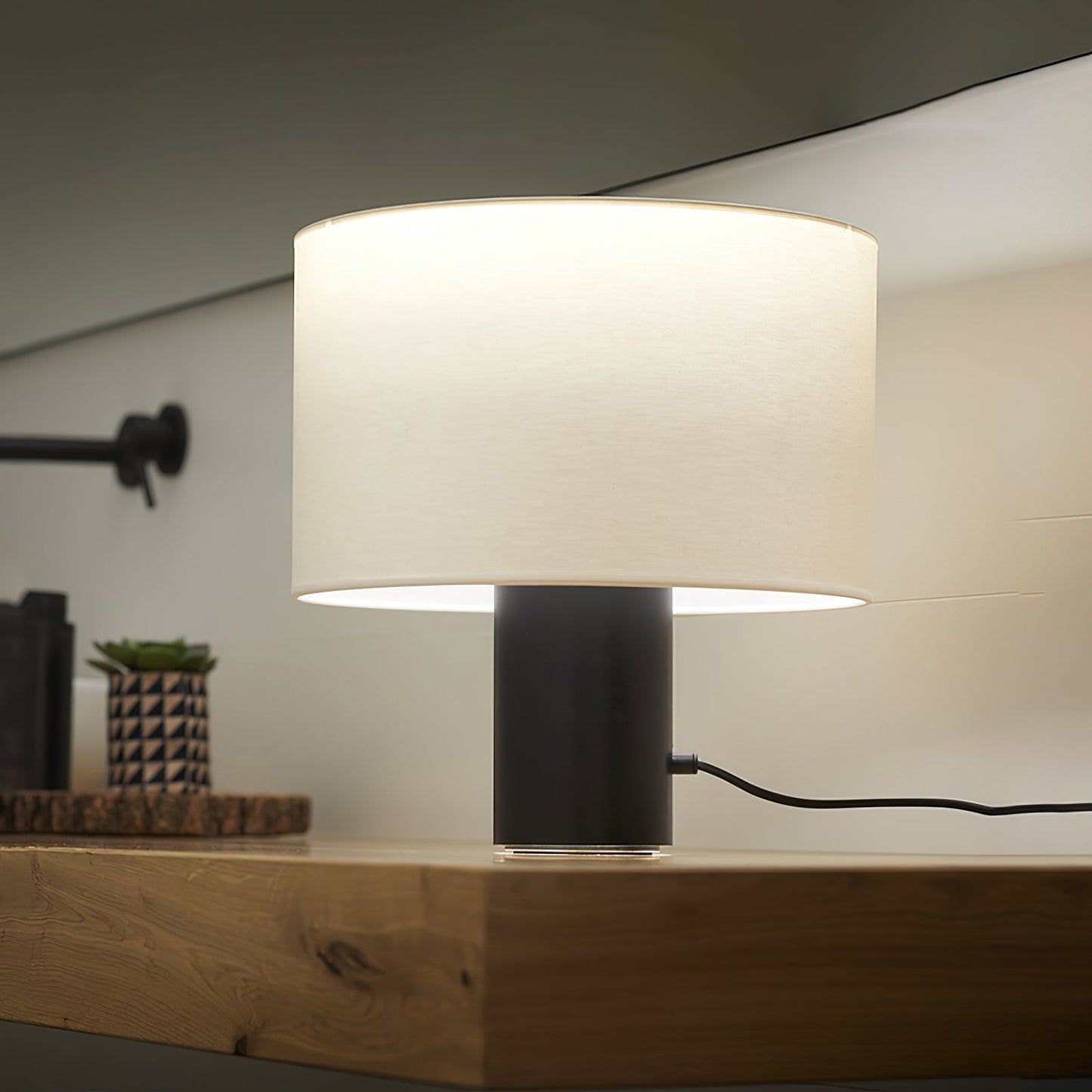 Table Lamp | Black Metal & White Fabric Shade | 32cm Diameter