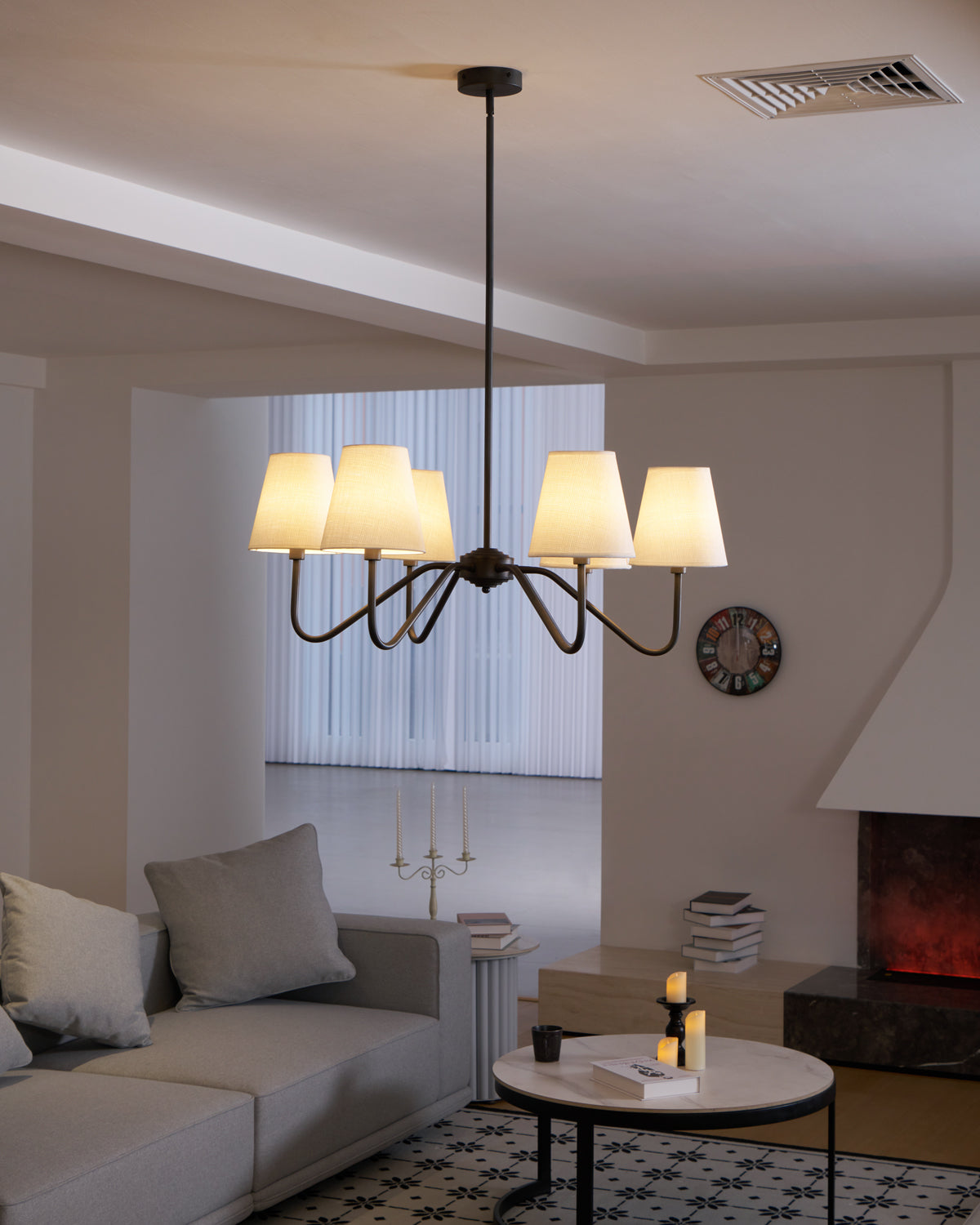 Chandelier | Brass Frame & Fabric Shades | Black, 6 Lights