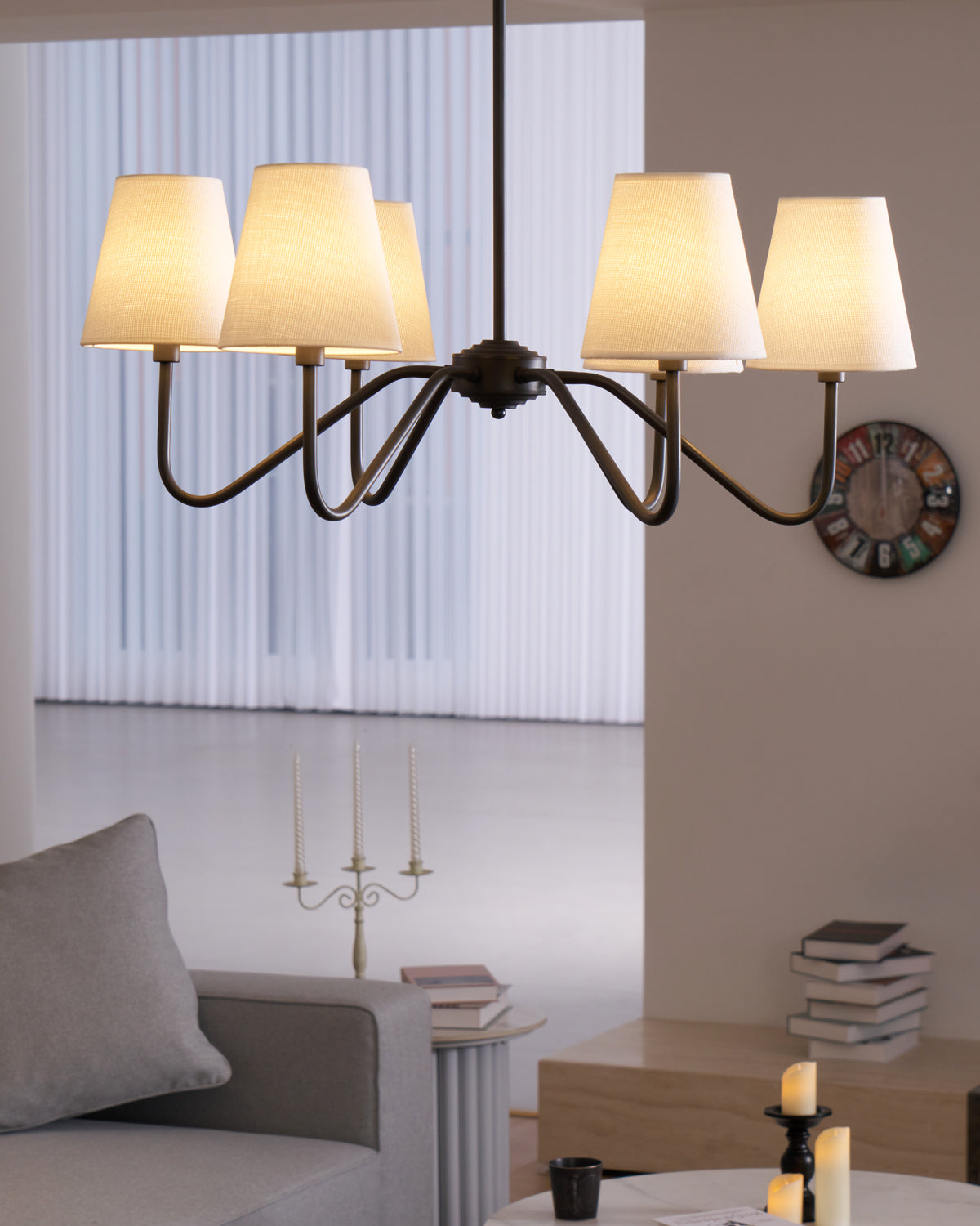 Chandelier | Brass Frame & Fabric Shades | Black, 6 Lights