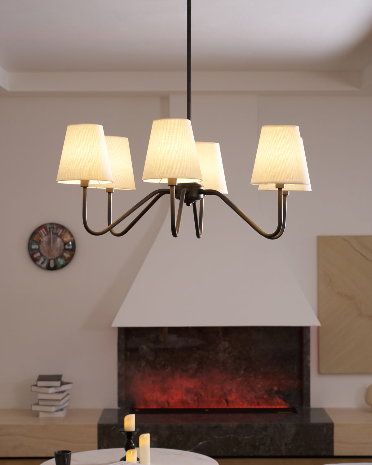 Chandelier | Brass Frame & Fabric Shades | Black, 6 Lights