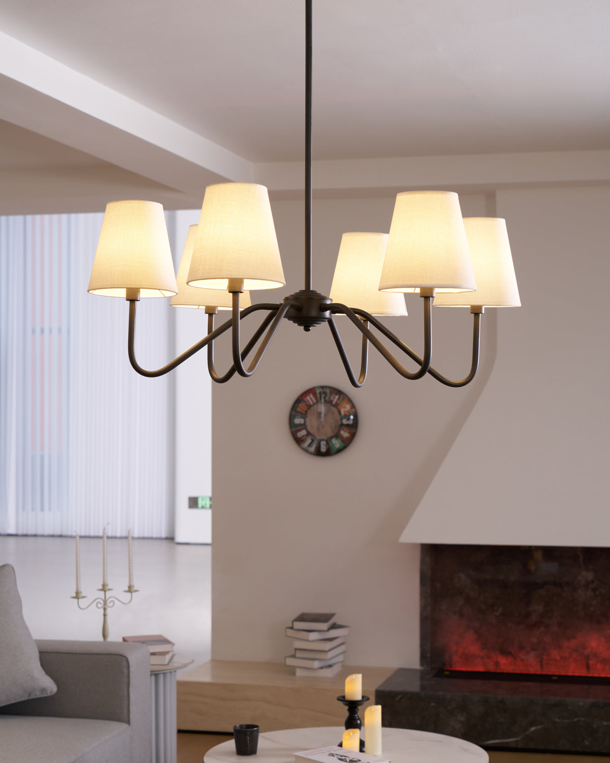 Chandelier | Brass Frame & Fabric Shades | Black, 6 Lights