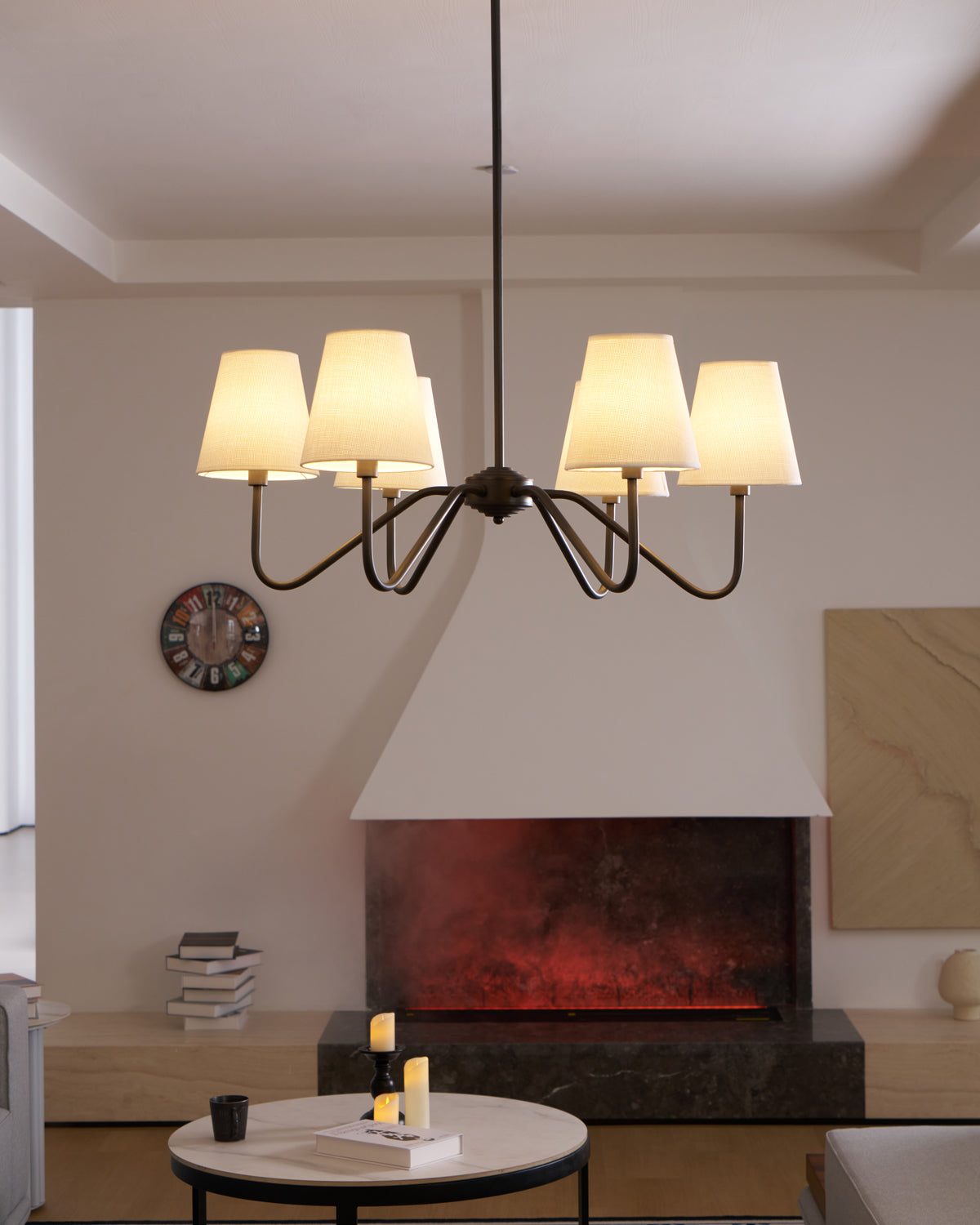 Chandelier | Brass Frame & Fabric Shades | Black, 6 Lights