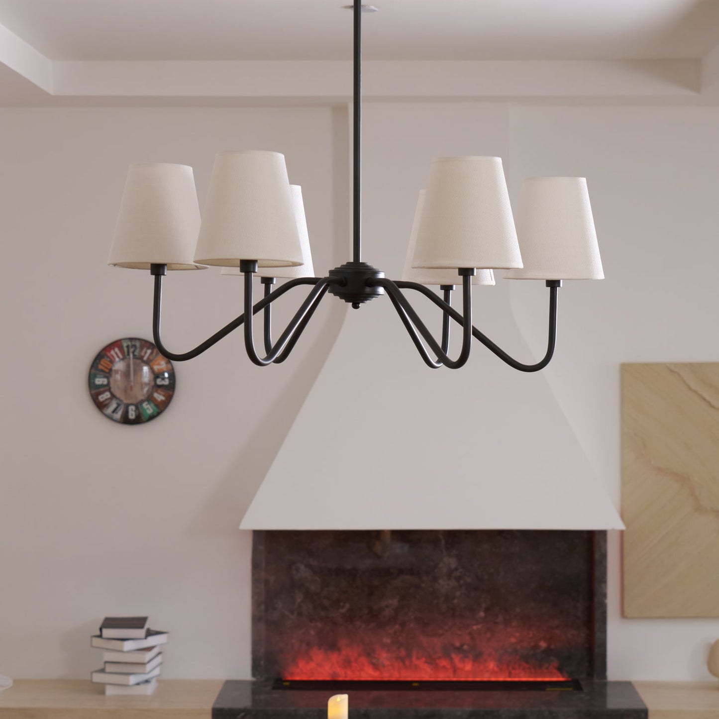 Chandelier | Brass Frame & Fabric Shades | Black, 6 Lights