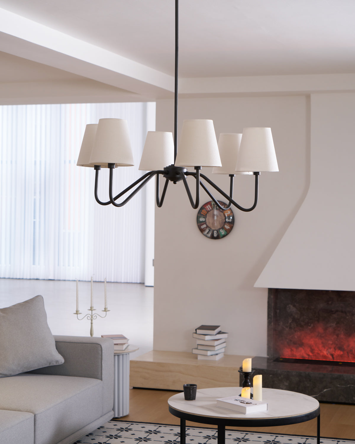 Chandelier | Brass Frame & Fabric Shades | Black, 6 Lights