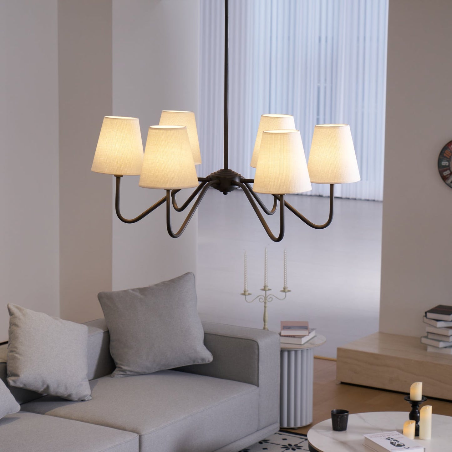 Chandelier | Brass Frame & Fabric Shades | Black, 6 Lights