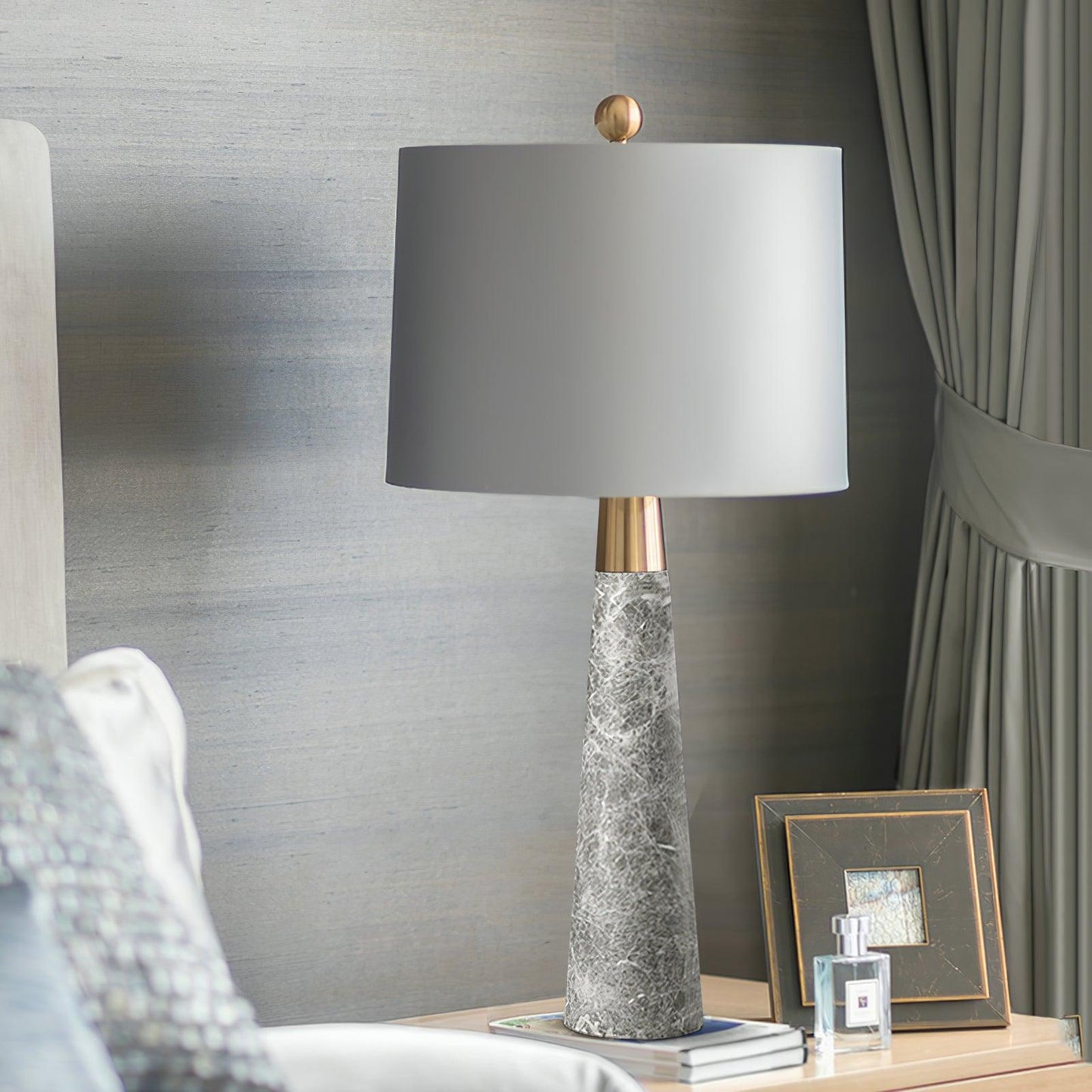 Expino Table Lamp | Metal, Marble & Fabric | Grey Shade