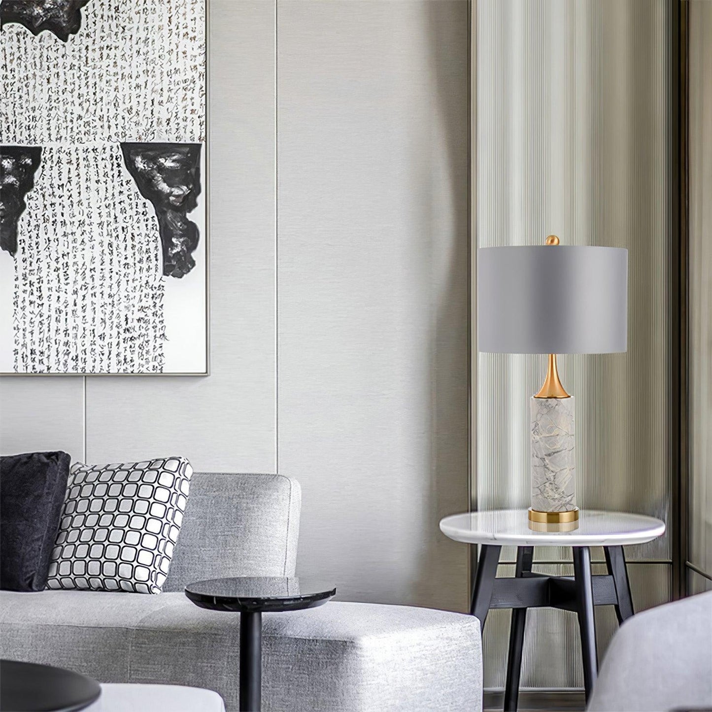 Expino Table Lamp | Metal, Marble & Fabric | Grey Shade