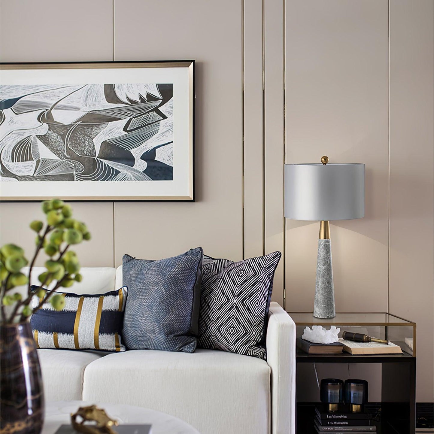 Expino Table Lamp | Metal, Marble & Fabric | Grey Shade