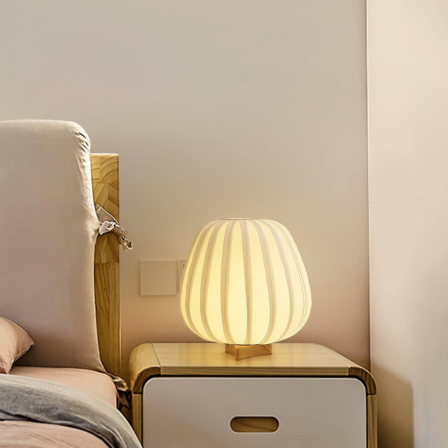 Minimalist Table Lamp | Wood & Fabric | White Shade, 30cm