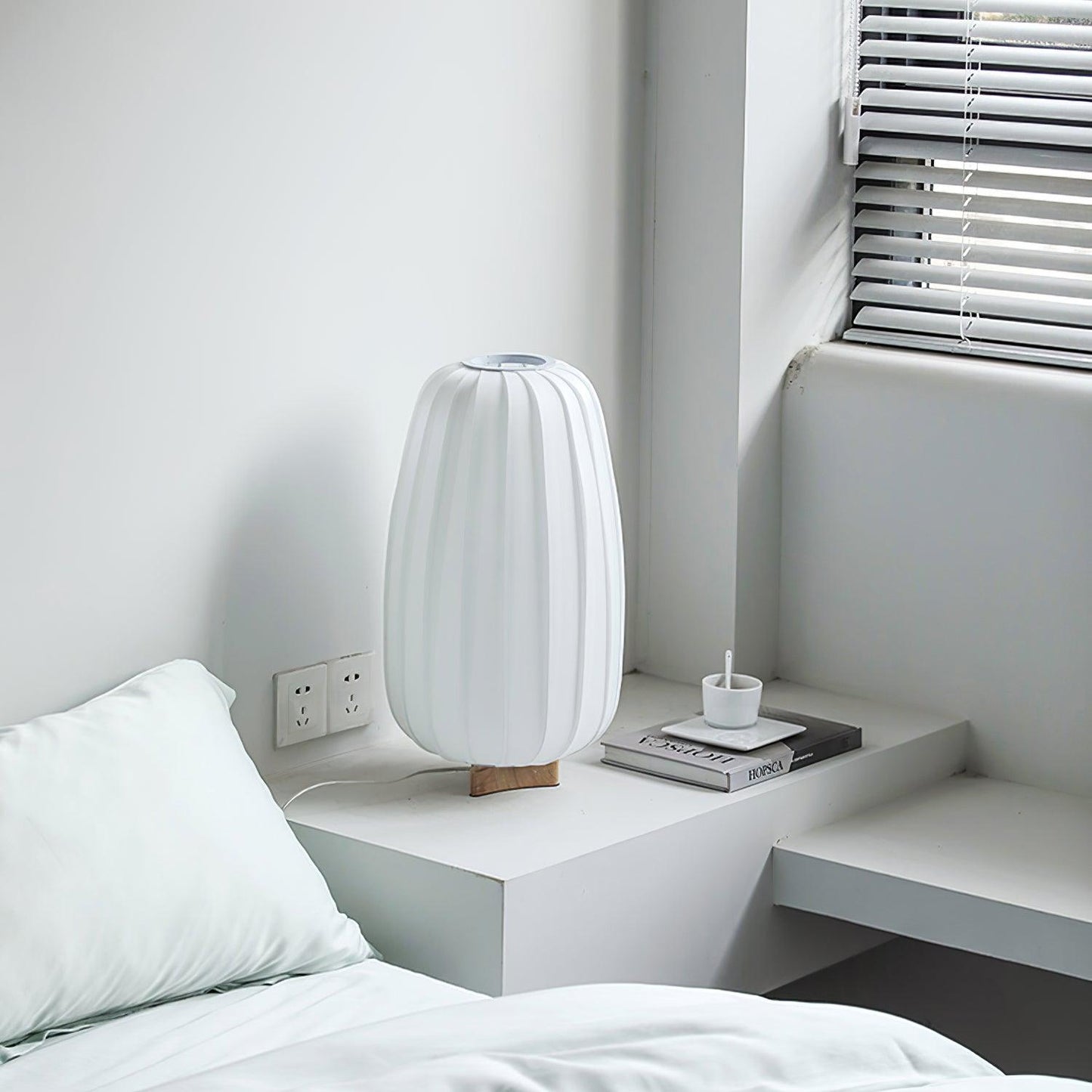 Minimalist Table Lamp | Wood & Fabric | White Shade, 30cm