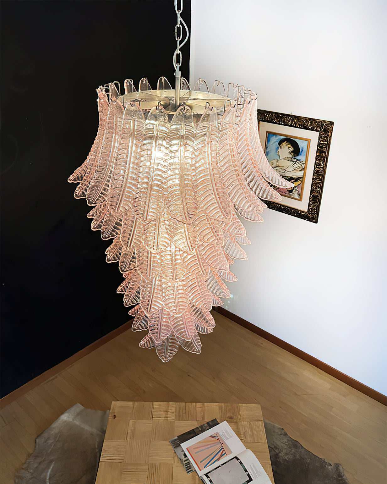 Murano Glass Chandelier | Handcrafted Pink Feather Design | 70cm Diameter