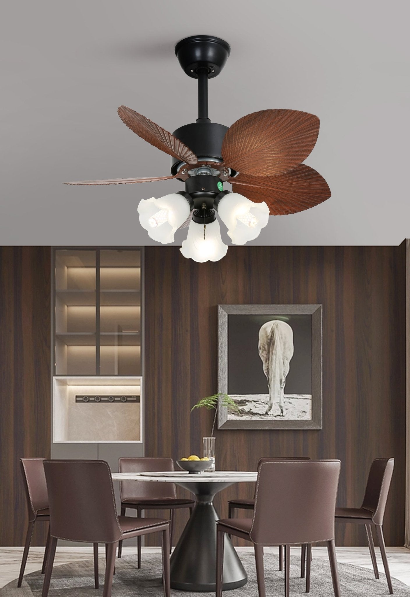 Floriva Blossom Ceiling Fan | Wooden Blades & Glass Lights | Black or Walnut Wood
