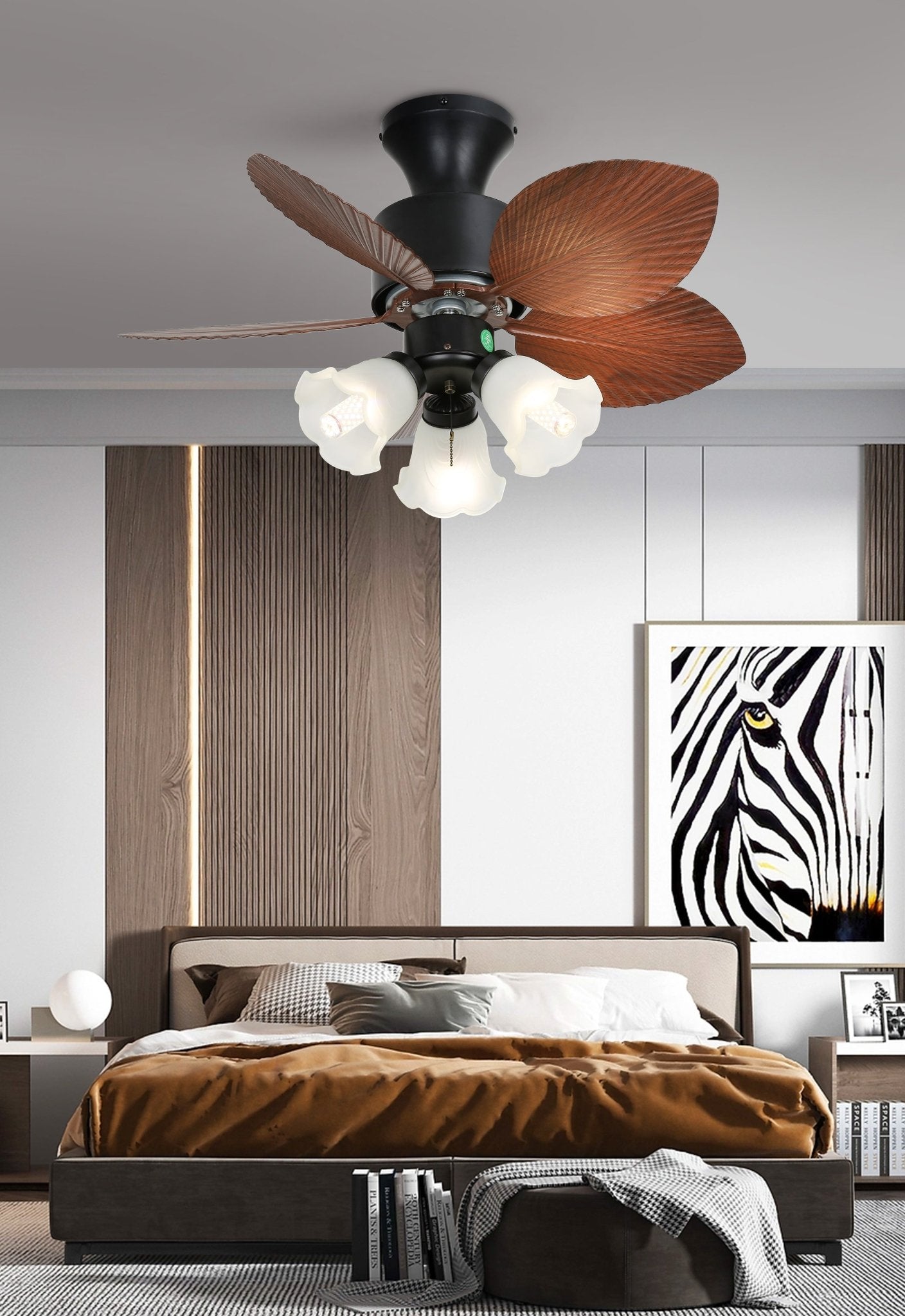 Floriva Blossom Ceiling Fan | Wooden Blades & Glass Lights | Black or Walnut Wood