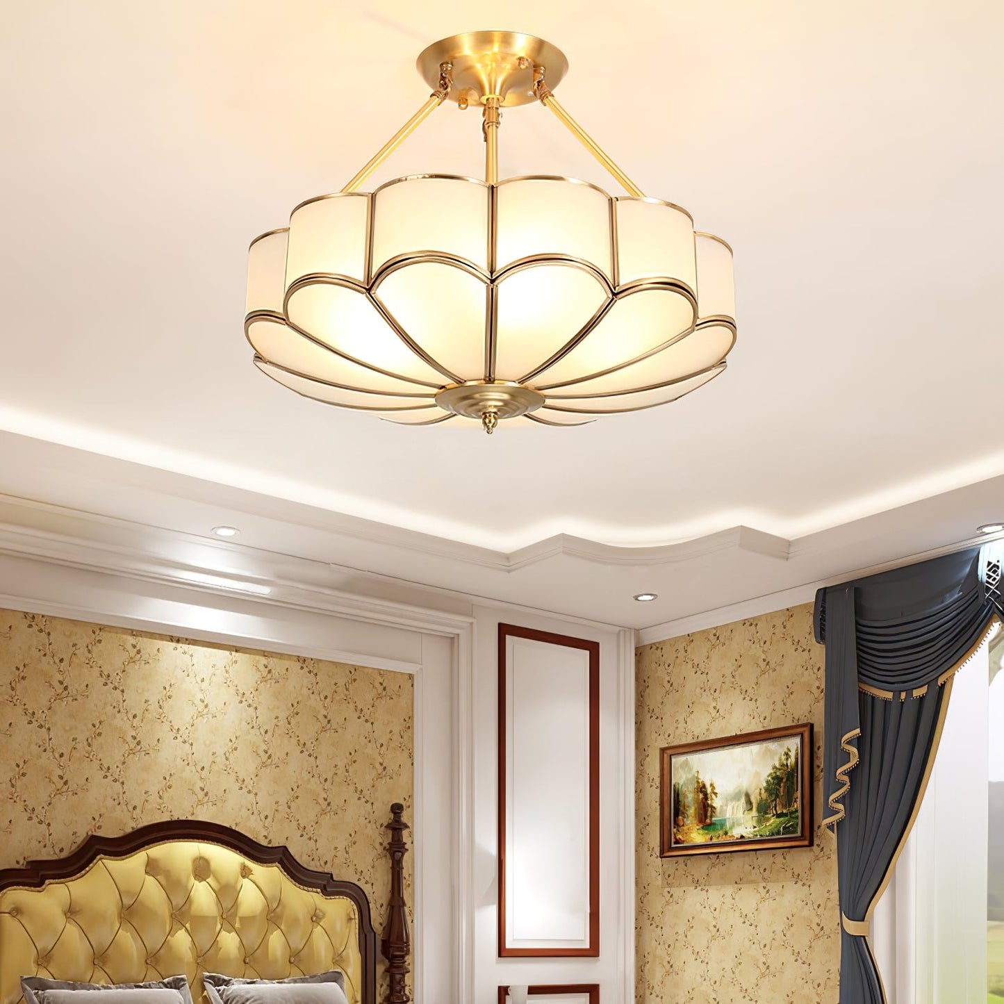 Flower Shape Ceiling Light | Frosted Glass & Brass | White Finish
