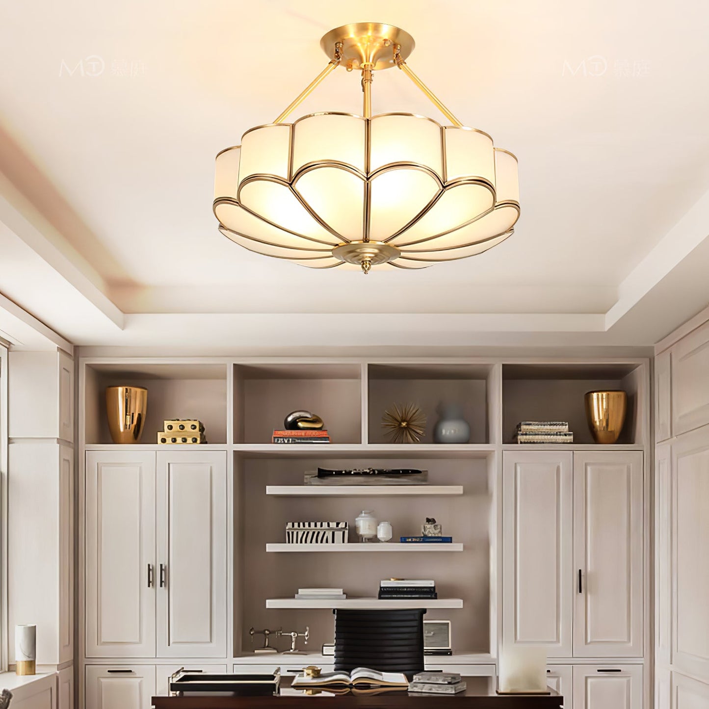 Flower Shape Ceiling Light | Frosted Glass & Brass | White Finish