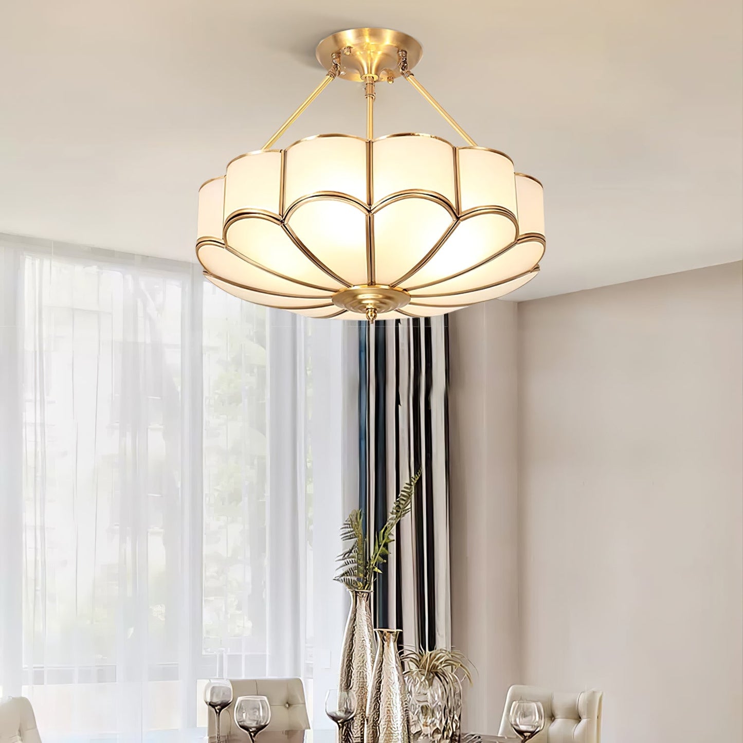 Flower Shape Ceiling Light | Frosted Glass & Brass | White Finish