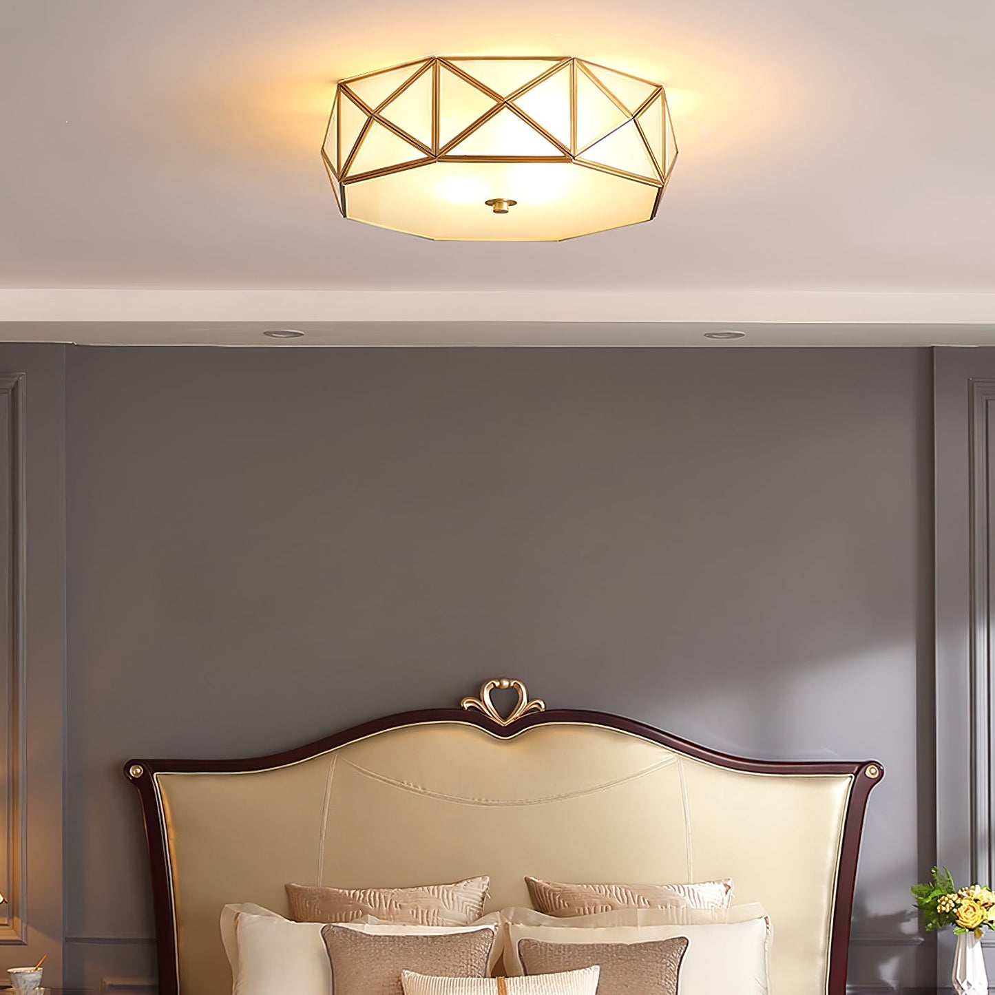 Geometric Flush Ceiling Light | Brass & Glass | White