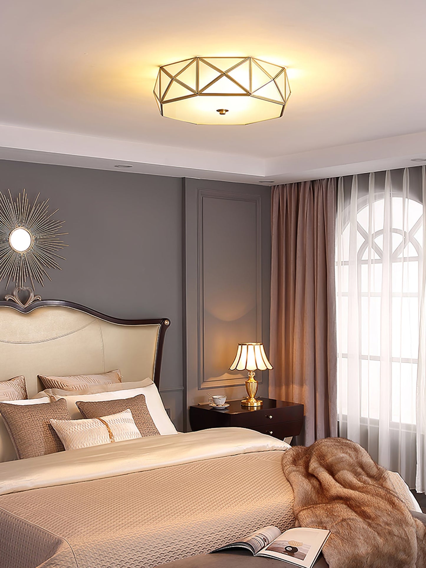 Geometric Flush Ceiling Light | Brass & Glass | White