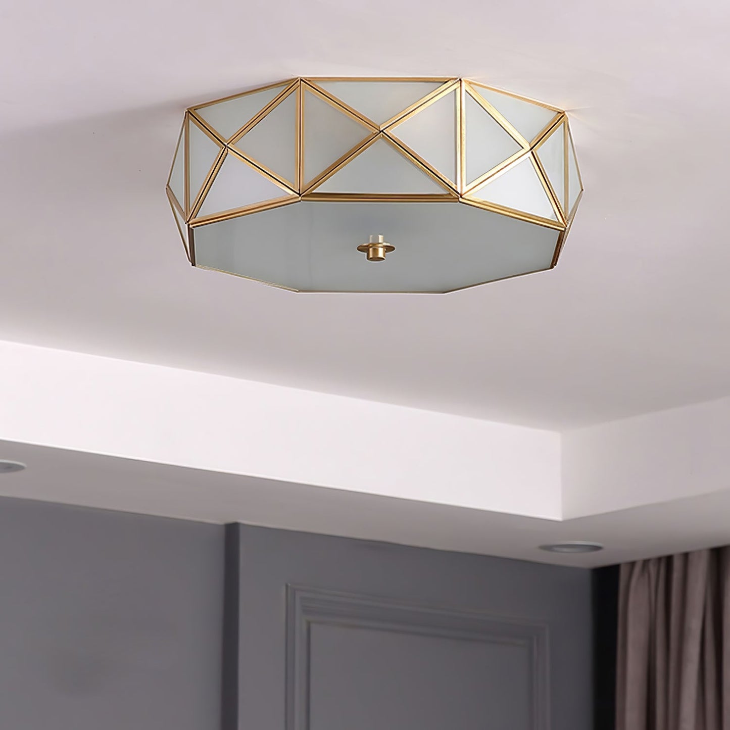 Geometric Flush Ceiling Light | Brass & Glass | White