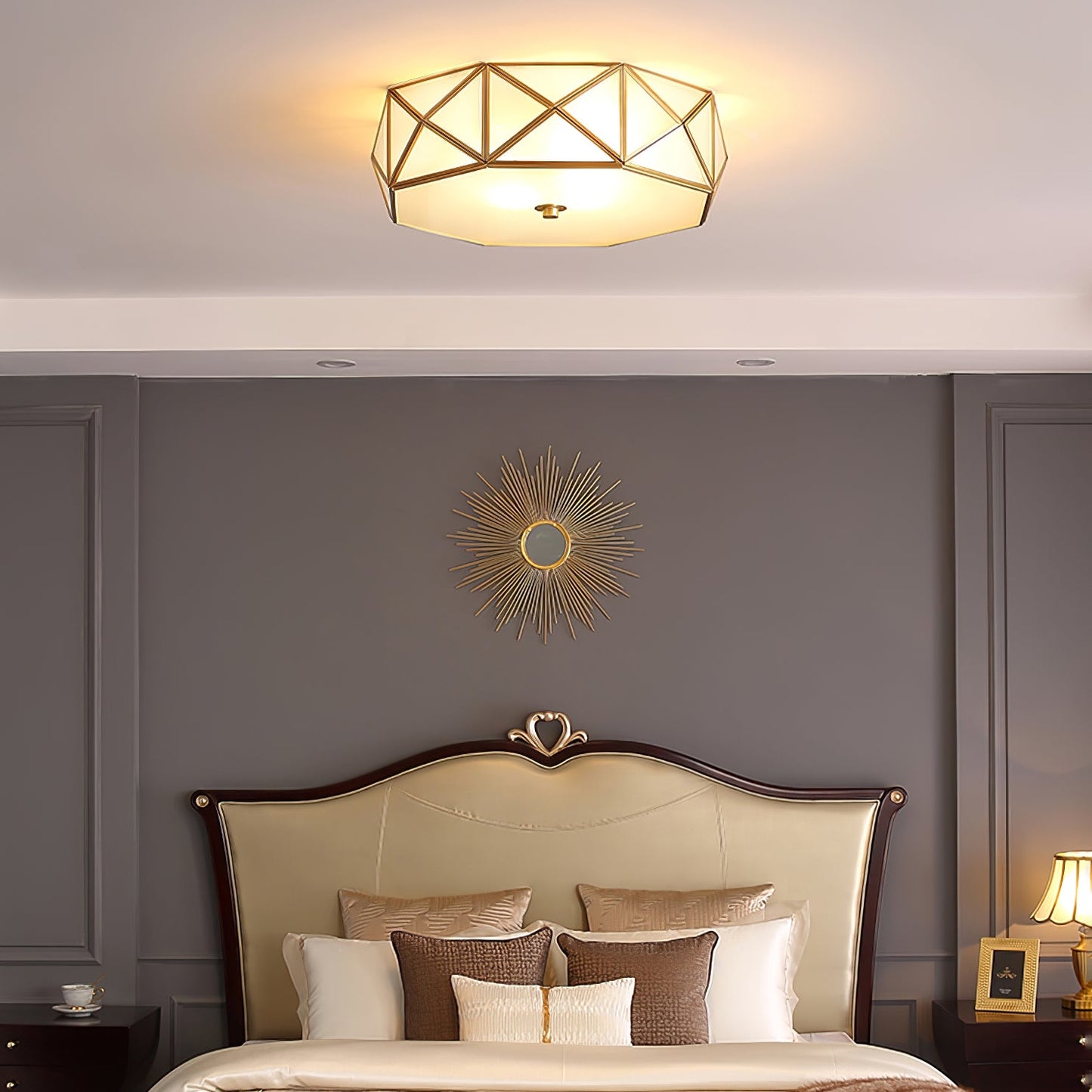 Geometric Flush Ceiling Light | Brass & Glass | White