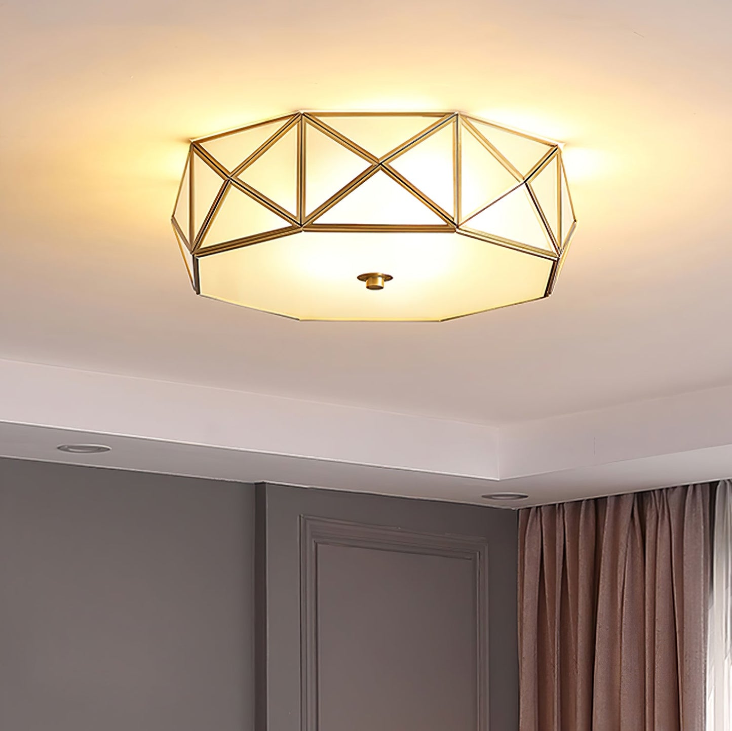 Geometric Flush Ceiling Light | Brass & Glass | White