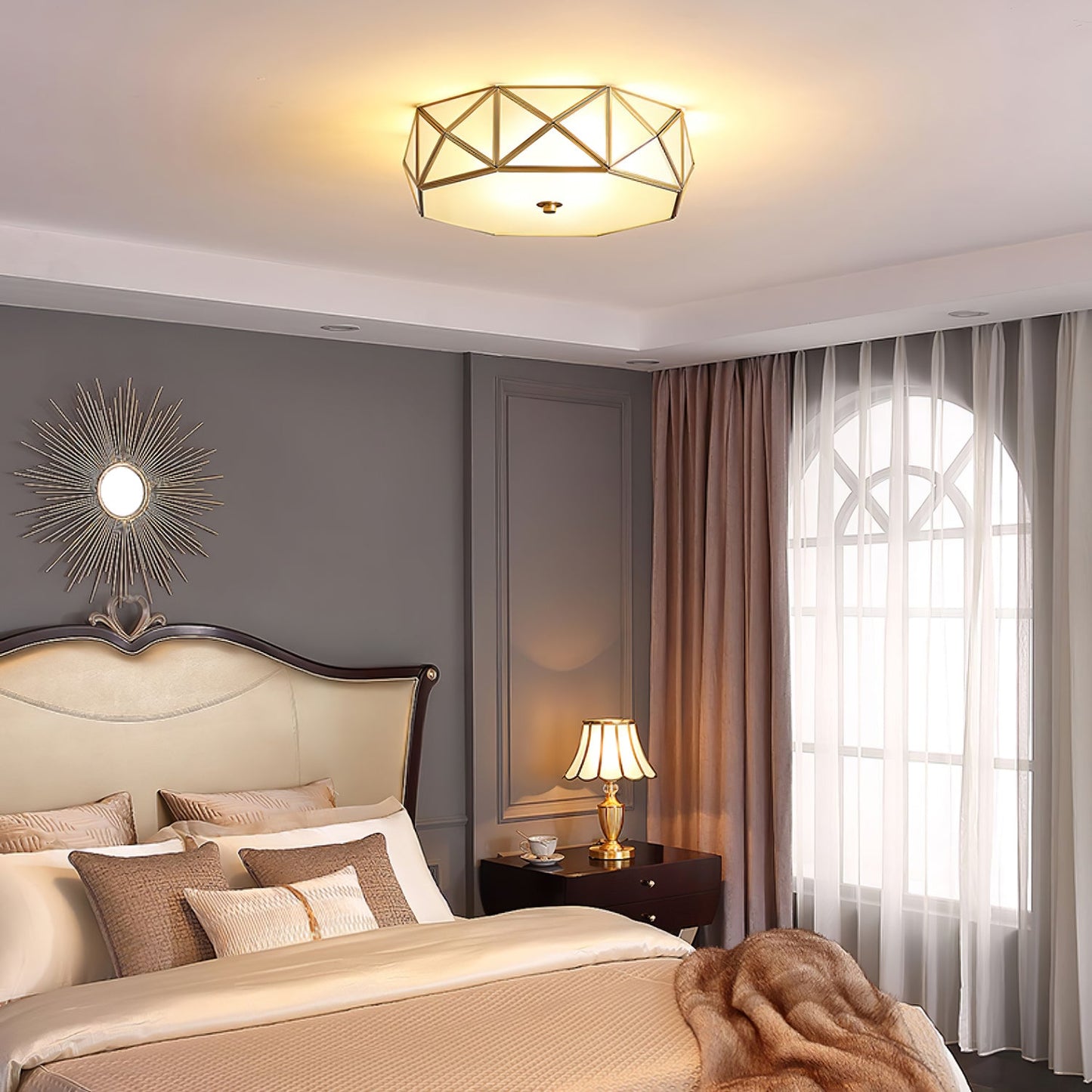 Geometric Flush Ceiling Light | Brass & Glass | White