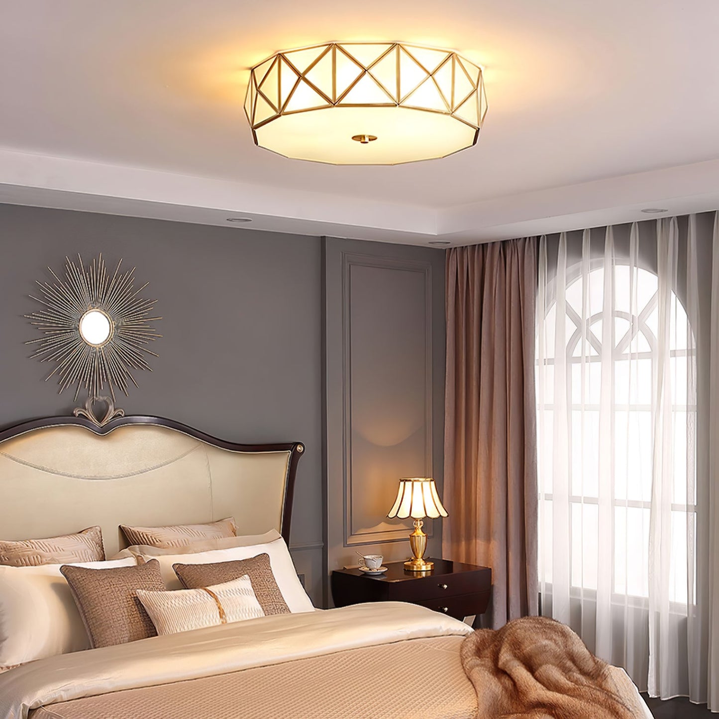 Geometric Flush Ceiling Light | Brass & Glass | White