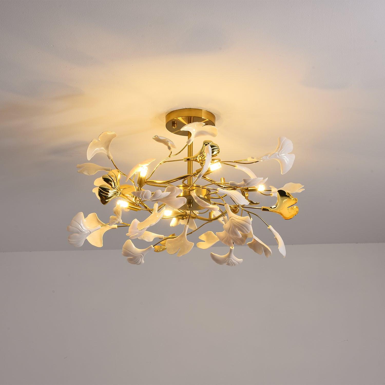 Gingko Chandelier | Ceramic & Brass | Gold & White, Multiple Sizes