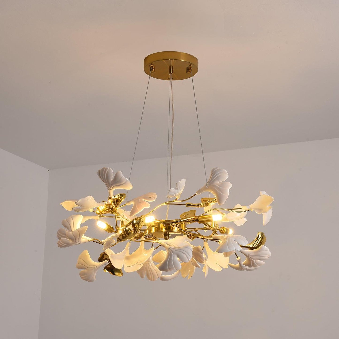 Gingko Chandelier | Ceramic & Brass | Gold & White, Multiple Sizes