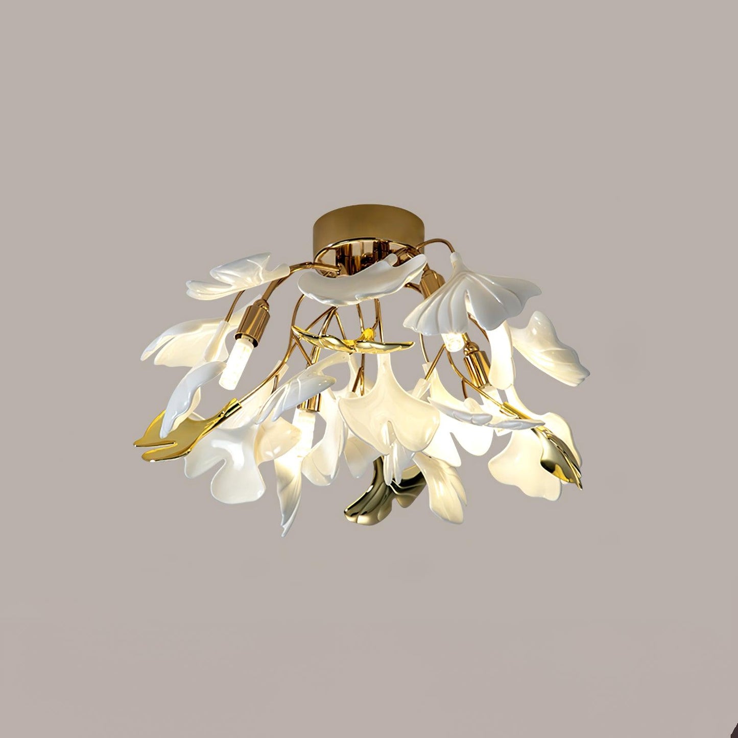 Gingko Ceiling Lamp | Gold Metal & White Ceramic | Multiple Bulb Options